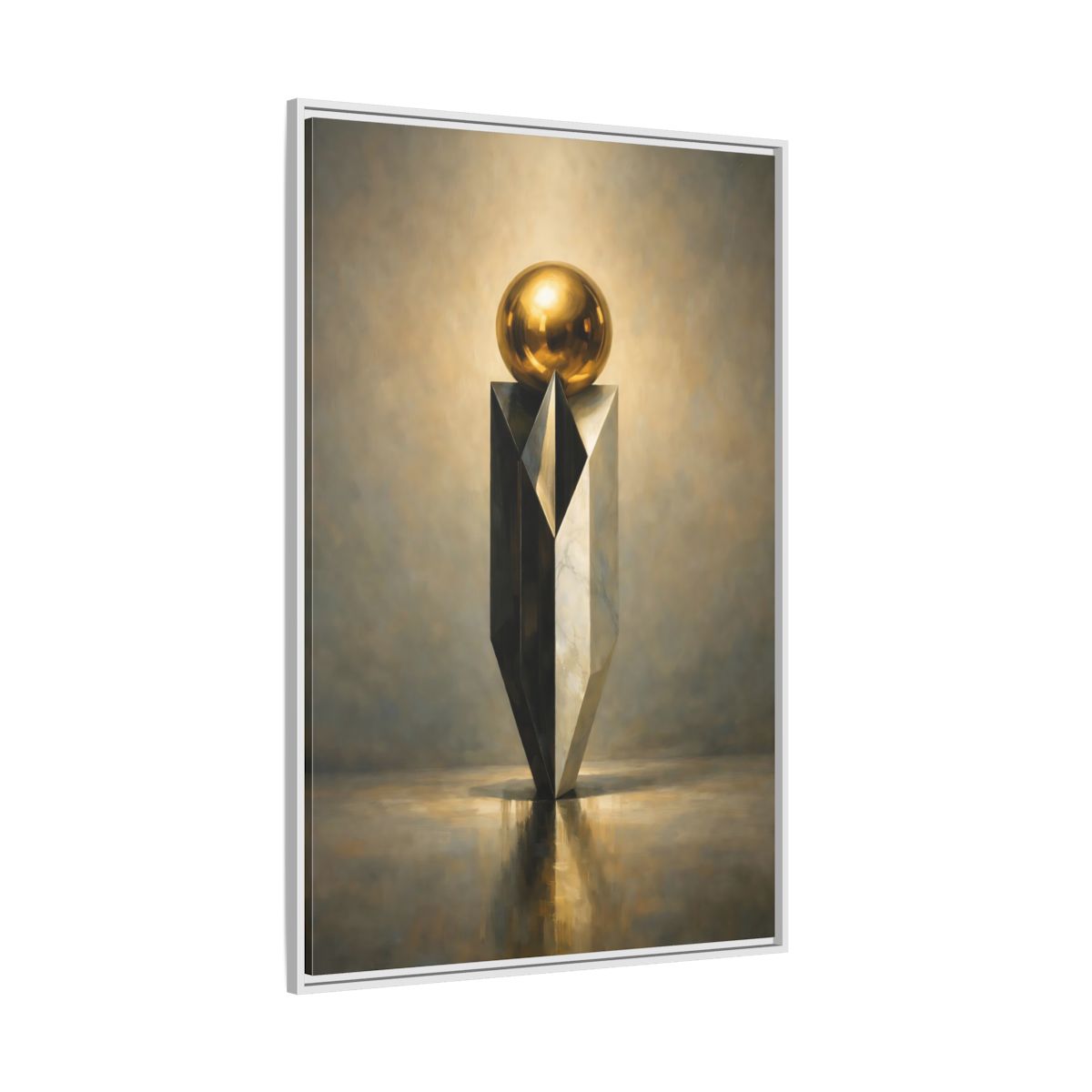 Side Mockup 7. Abstract Geometric Sculpture Gold And Gray shown as stretched canvas wall art
