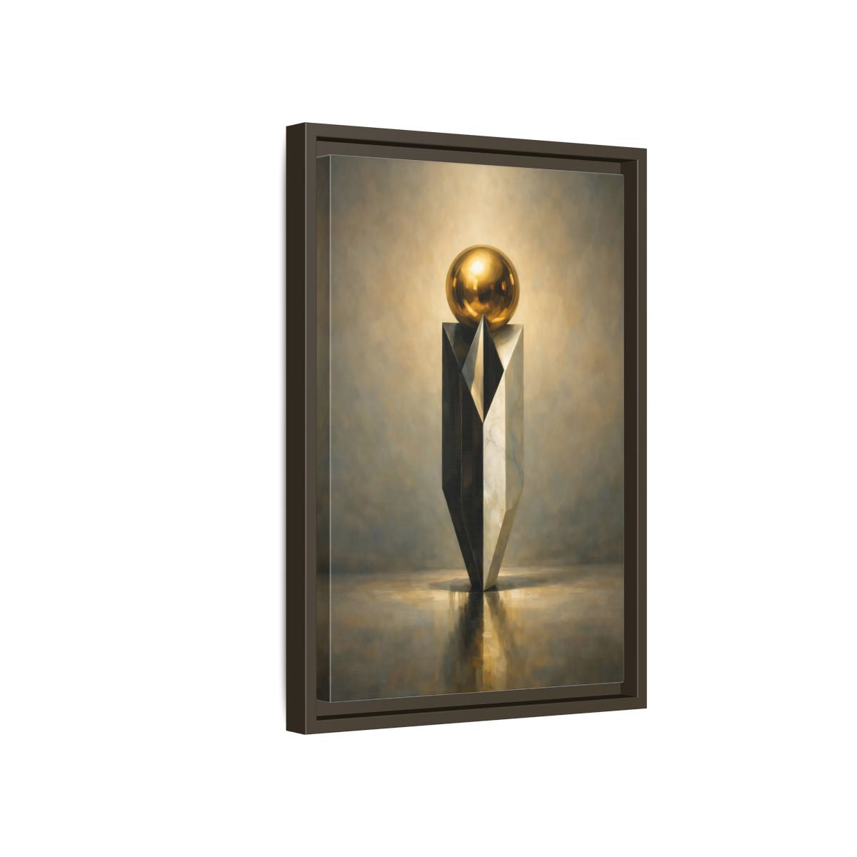 Side Mockup 5. Abstract Geometric Sculpture Gold And Gray shown as stretched canvas wall art