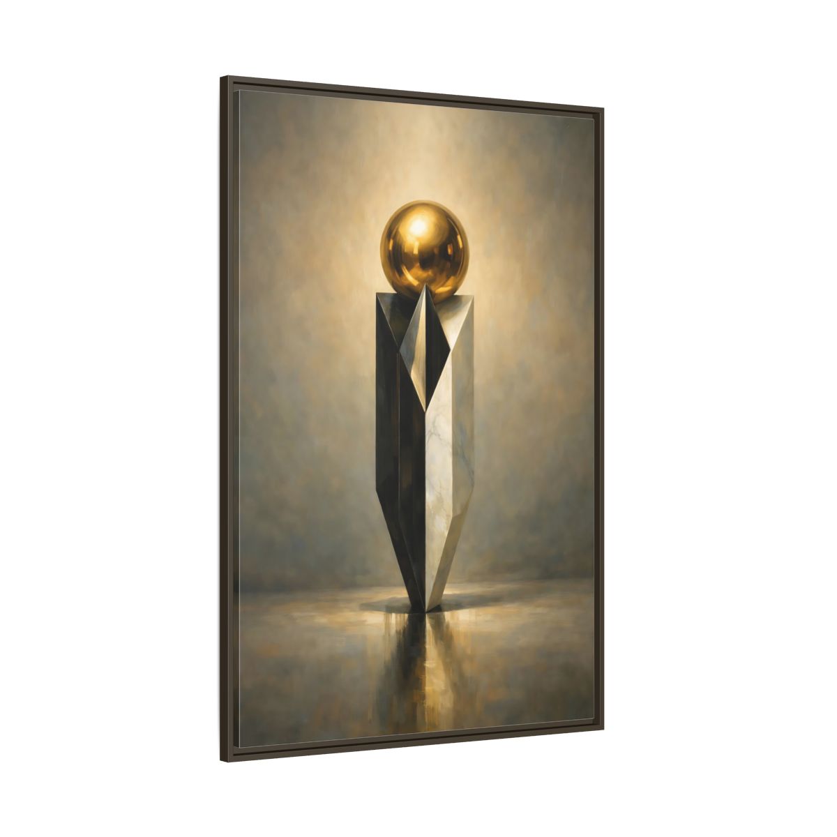 Side Mockup 8. Abstract Geometric Sculpture Gold And Gray shown as stretched canvas wall art