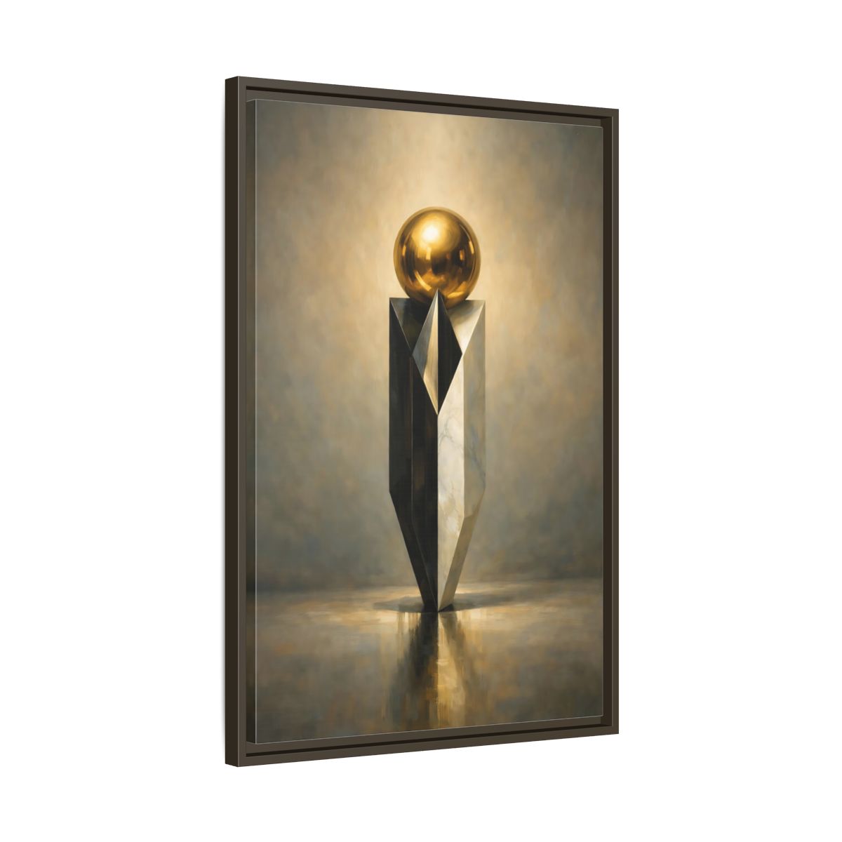 Side Mockup 12. Abstract Geometric Sculpture Gold And Gray shown as stretched canvas wall art