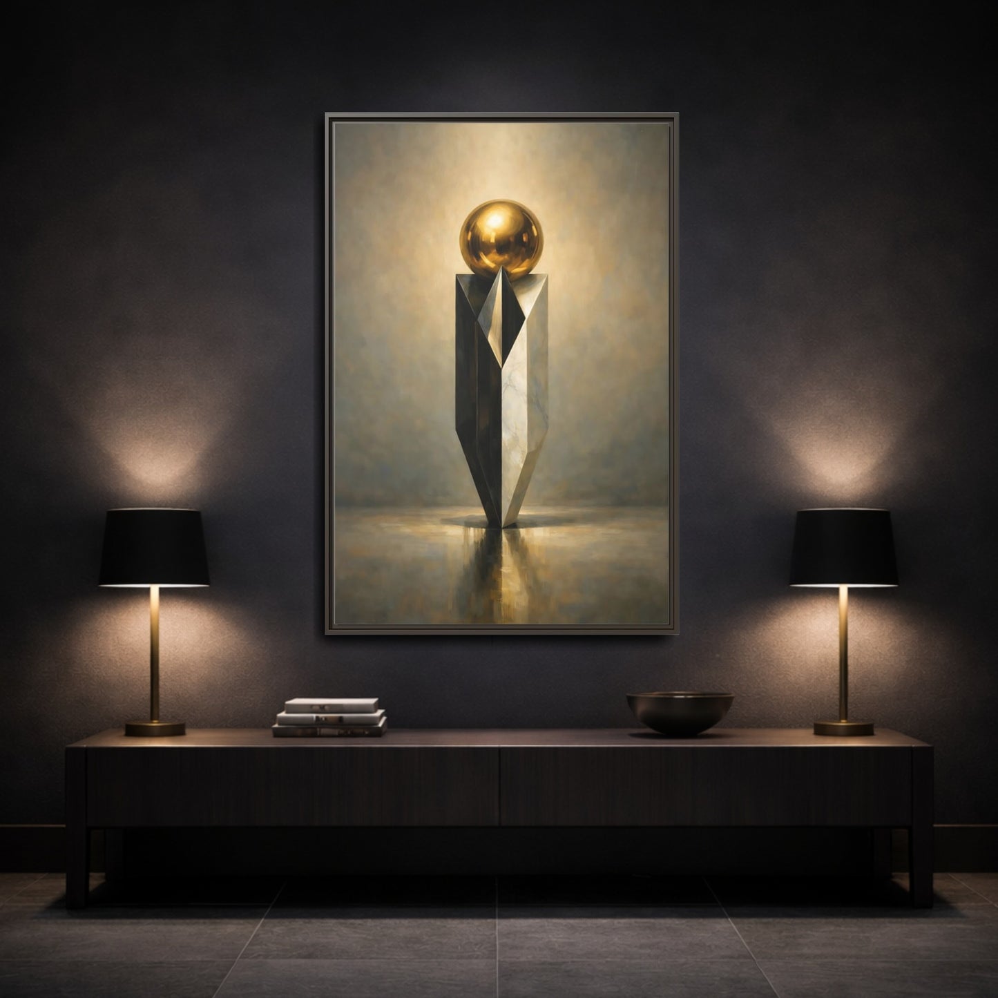 Mockup 2. Abstract Geometric Sculpture Gold And Gray shown as stretched canvas wall art