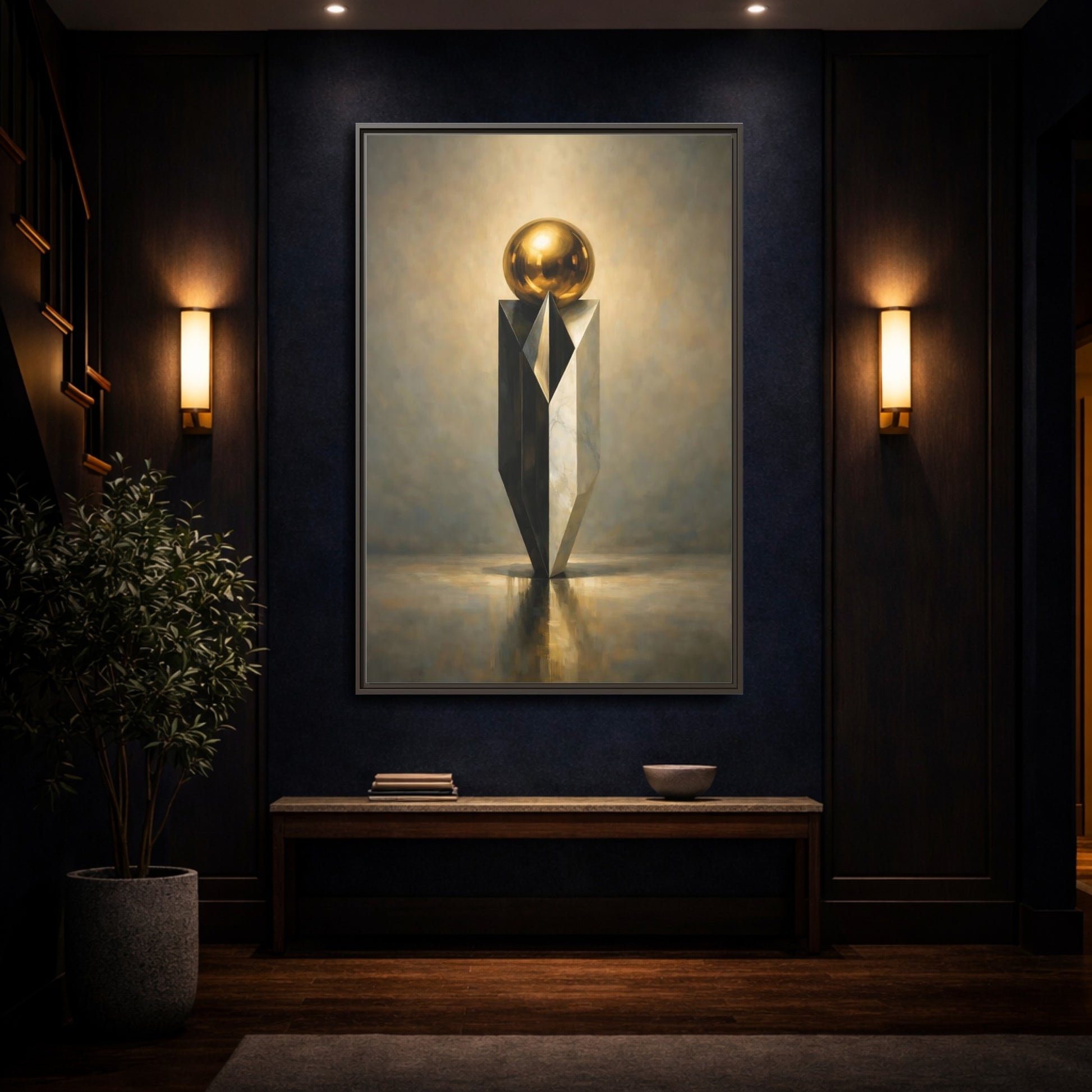 Mockup 3. Abstract Geometric Sculpture Gold And Gray shown as stretched canvas wall art