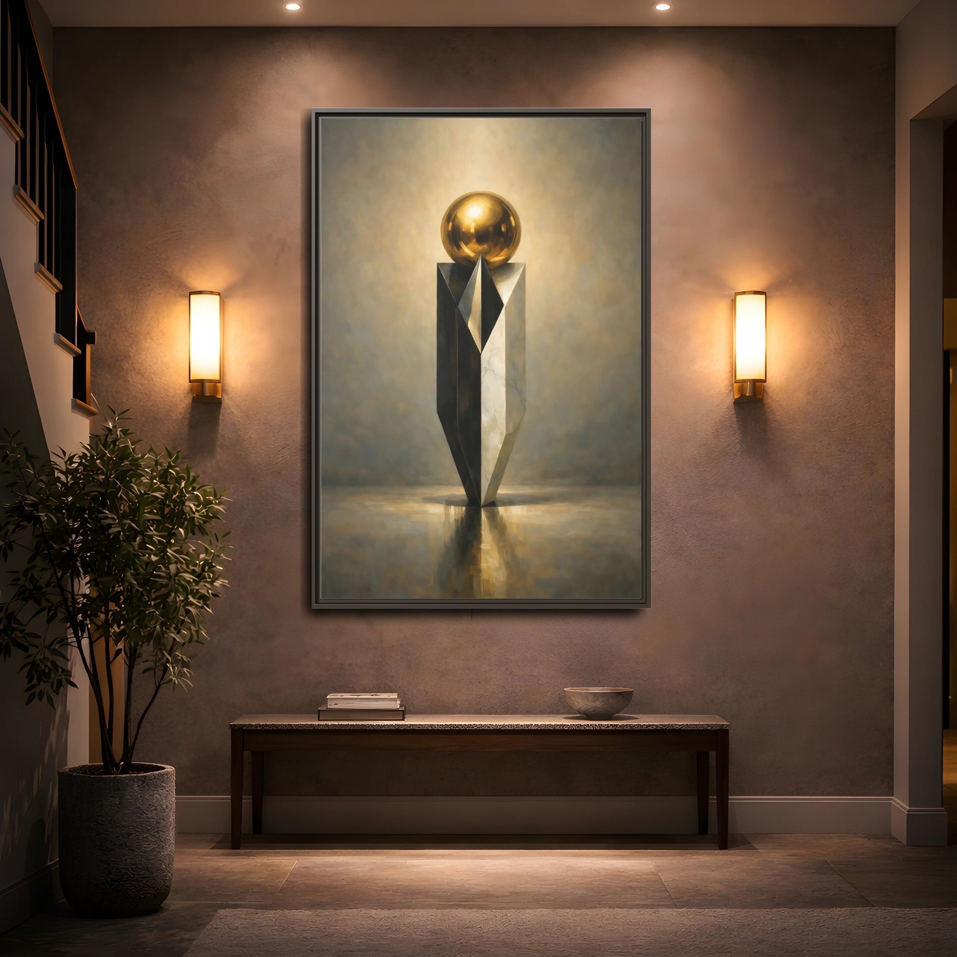 Mockup 4. Abstract Geometric Sculpture Gold And Gray shown as stretched canvas wall art