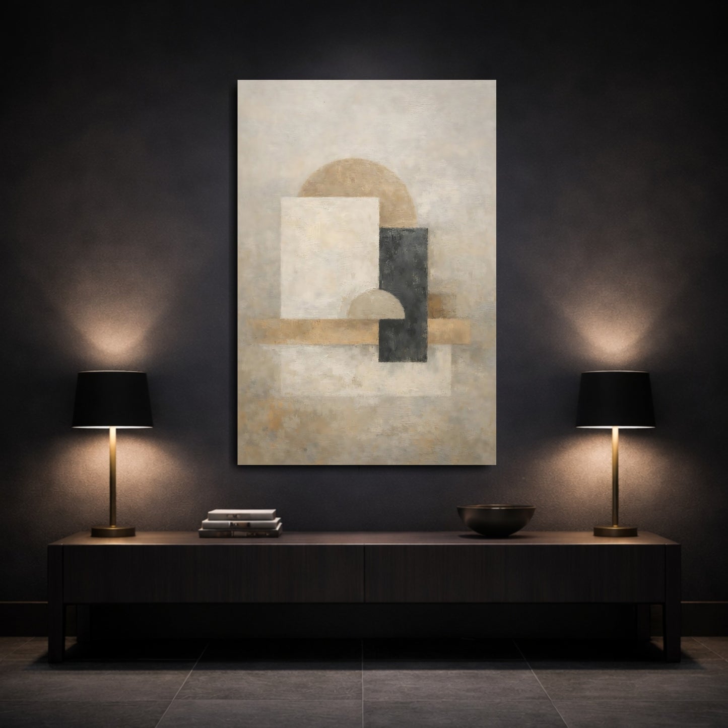 Mockup 2. Abstract Geometric Shapes Abstract Beige Black shown as stretched canvas wall art