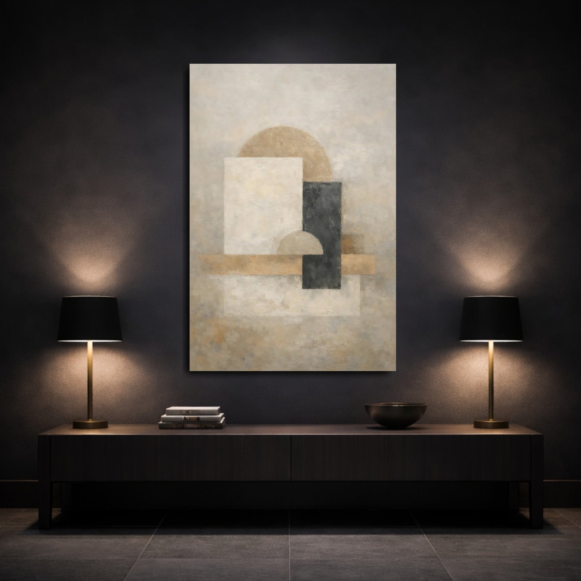 Mockup 2. Abstract Geometric Shapes Abstract Beige Black shown as stretched canvas wall art