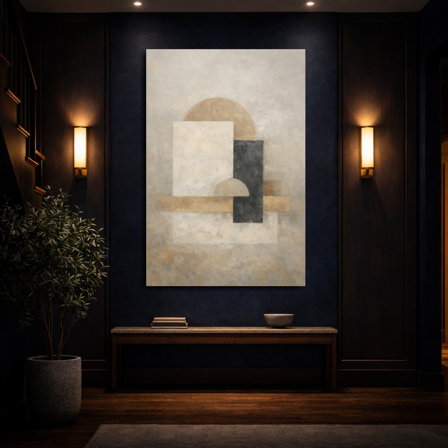 Mockup 3. Abstract Geometric Shapes Abstract Beige Black shown as stretched canvas wall art