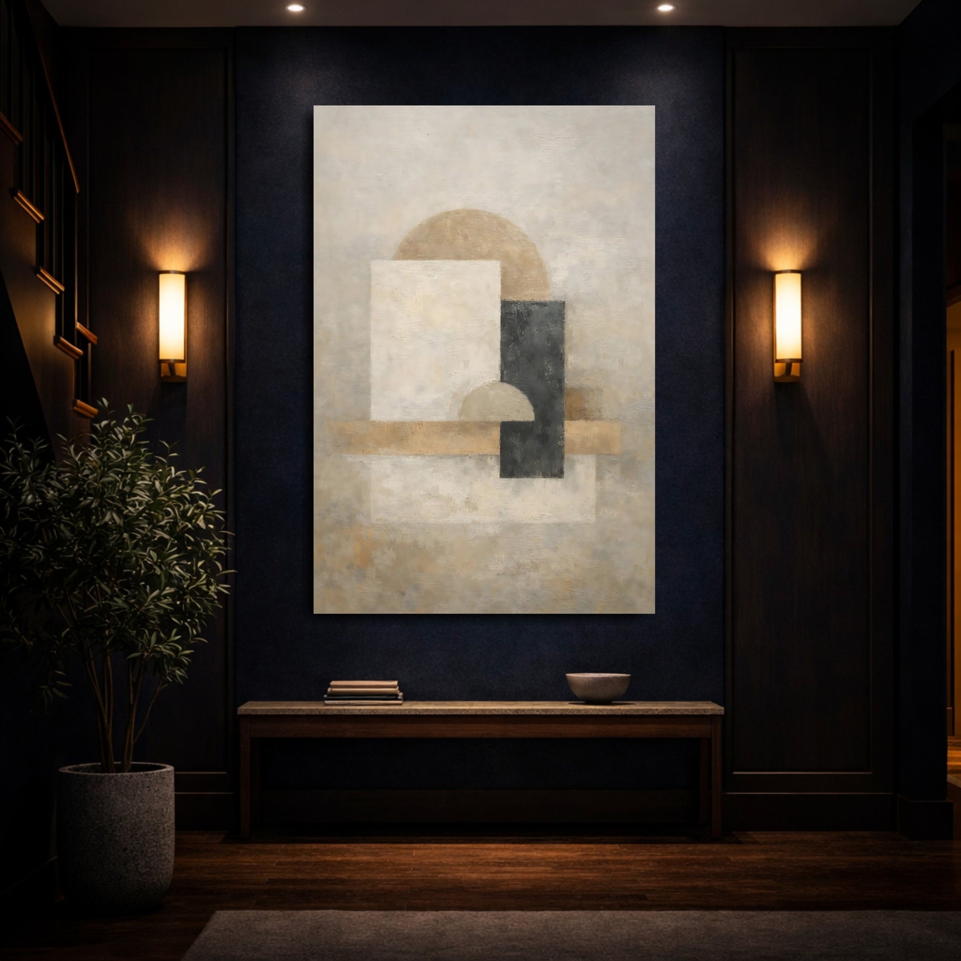 Mockup 3. Abstract Geometric Shapes Abstract Beige Black shown as stretched canvas wall art