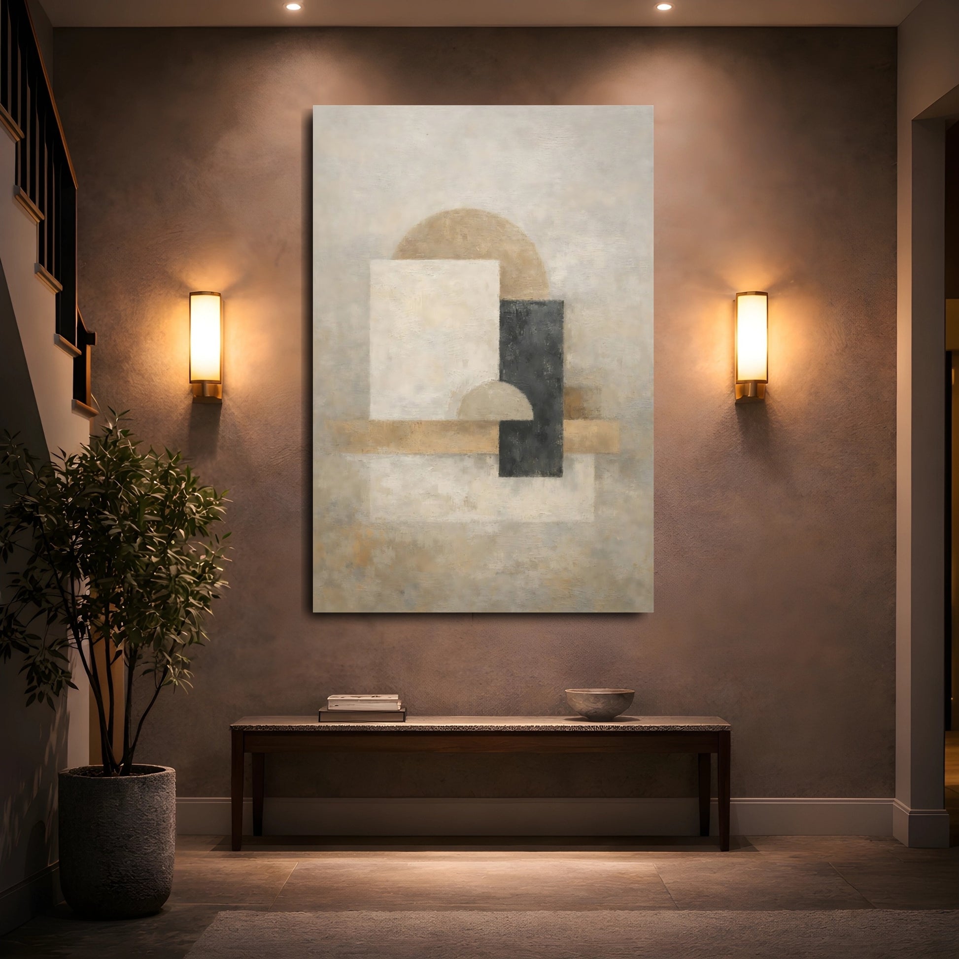 Mockup 4. Abstract Geometric Shapes Abstract Beige Black shown as stretched canvas wall art