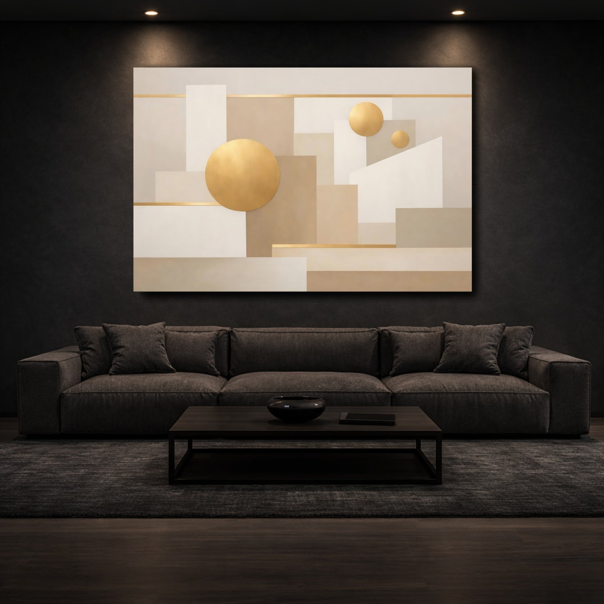 Mockup 2. Abstract Geometric Shapes Abstract Geometric Gold shown as stretched canvas wall art