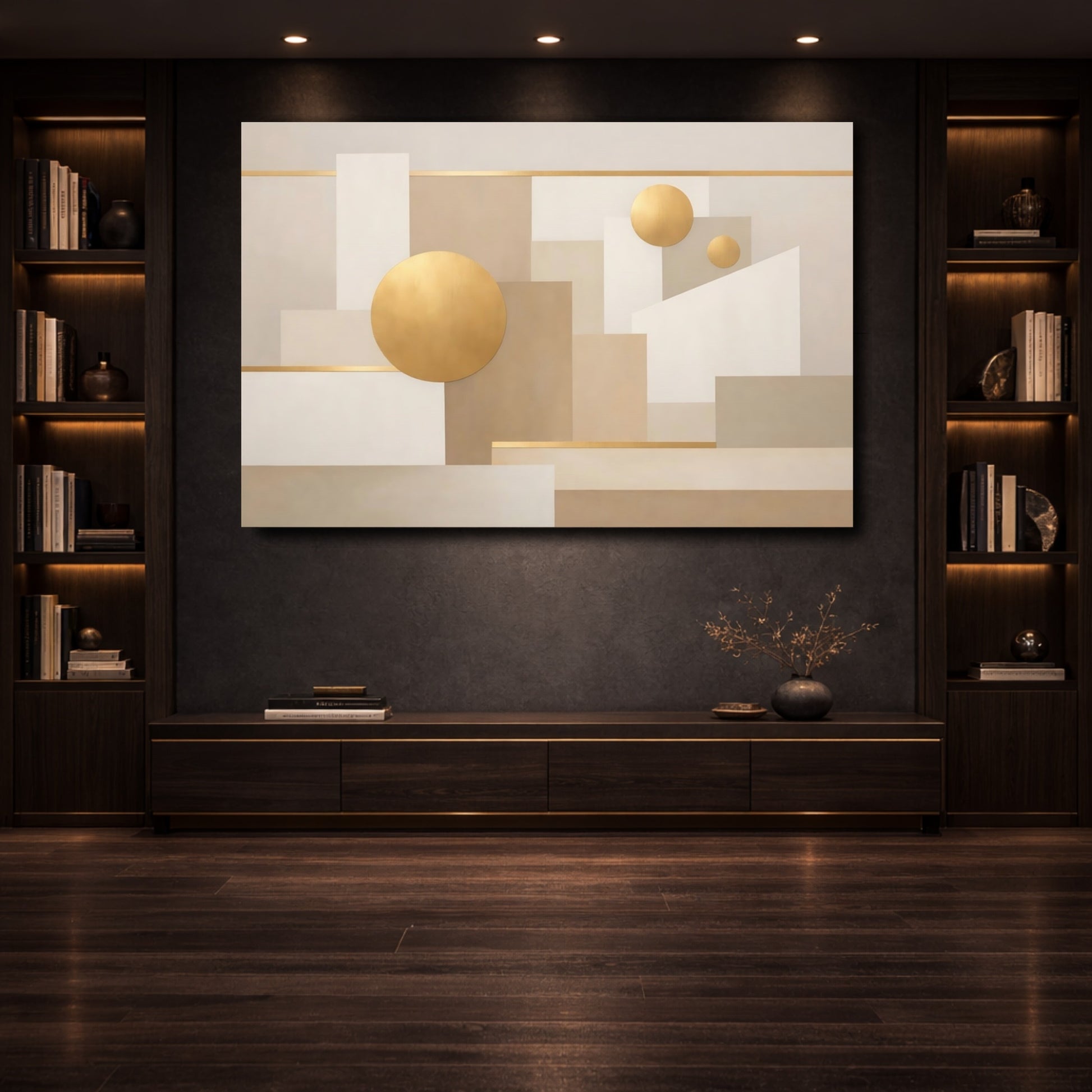 Mockup 3. Abstract Geometric Shapes Abstract Geometric Gold shown as stretched canvas wall art
