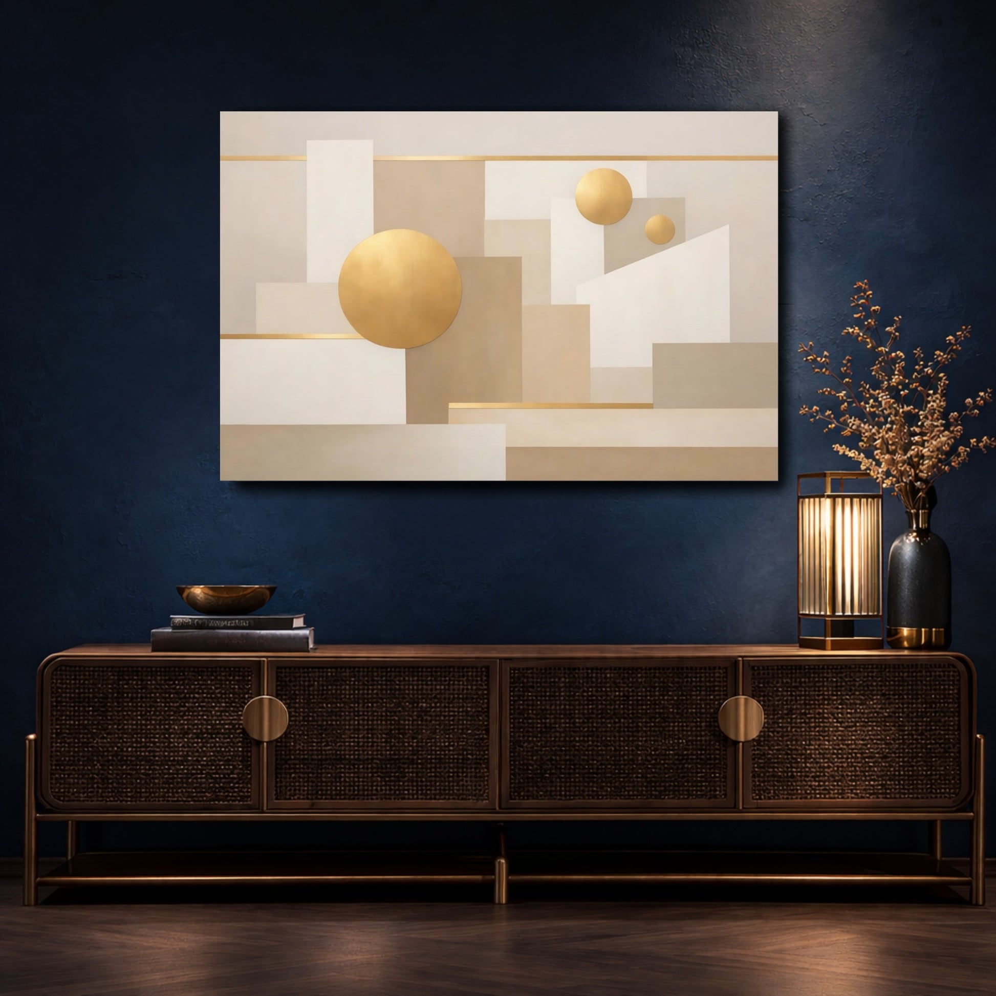 Mockup 4. Abstract Geometric Shapes Abstract Geometric Gold shown as stretched canvas wall art