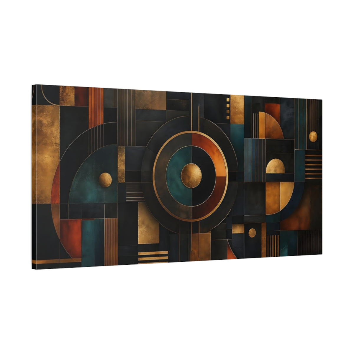 Main Mockup. Abstract Geometric Shapes Abstract Gold Teal shown as stretched canvas wall art