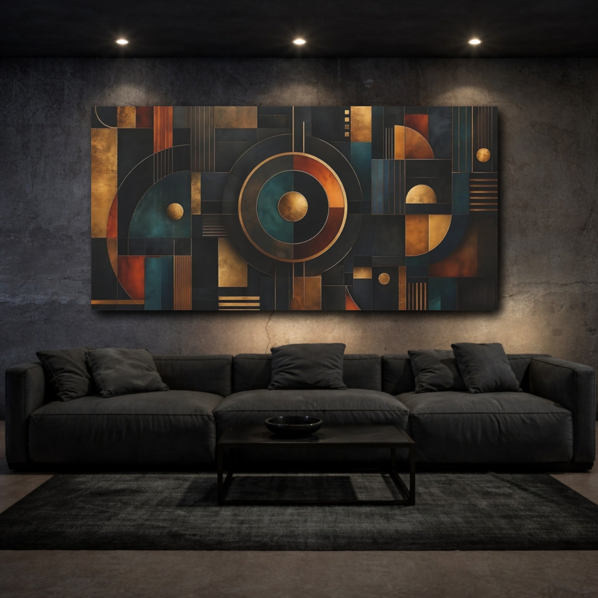 Mockup 2. Abstract Geometric Shapes Abstract Gold Teal shown as stretched canvas wall art