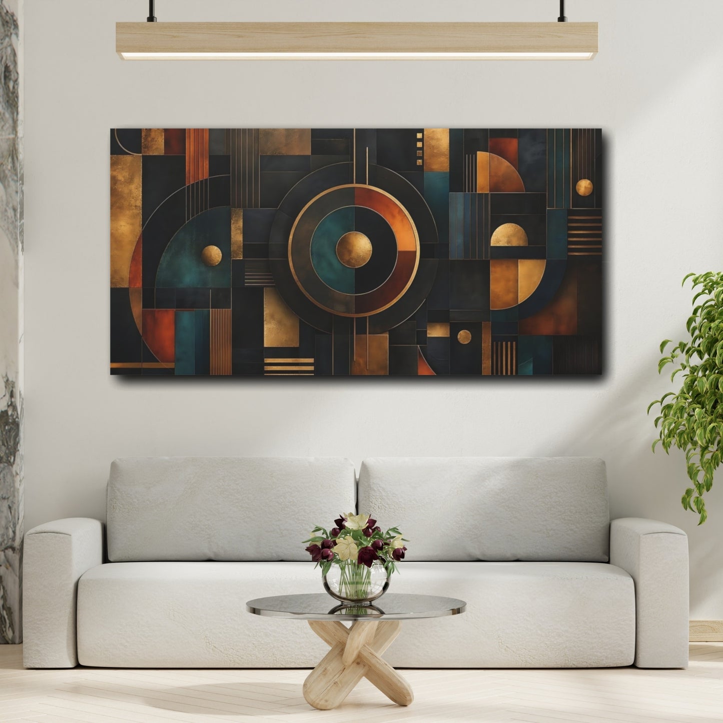 Mockup 3. Abstract Geometric Shapes Abstract Gold Teal shown as stretched canvas wall art