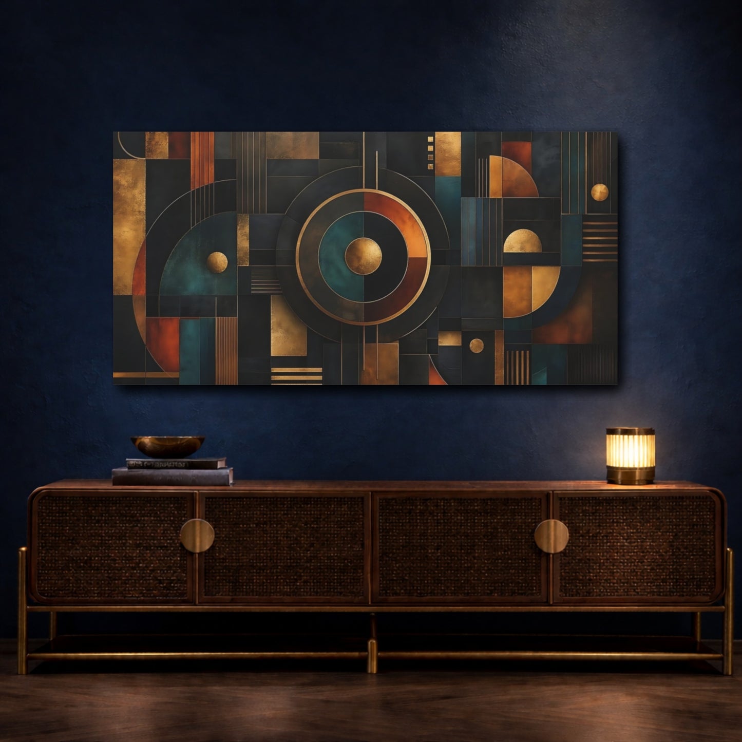 Mockup 4. Abstract Geometric Shapes Abstract Gold Teal shown as stretched canvas wall art