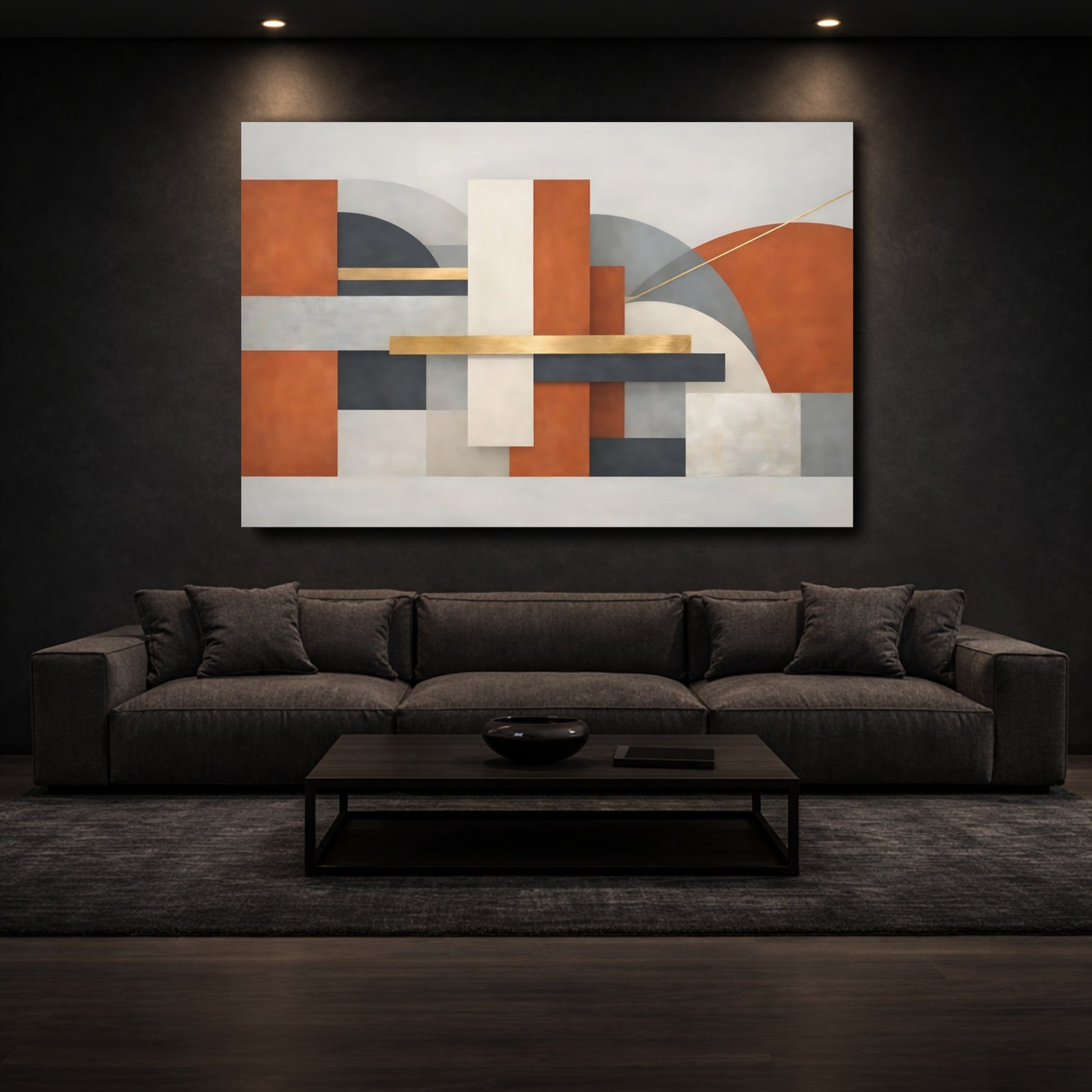 Mockup 2. Abstract Geometric Shapes Abstract Terracotta Gold shown as stretched canvas wall art