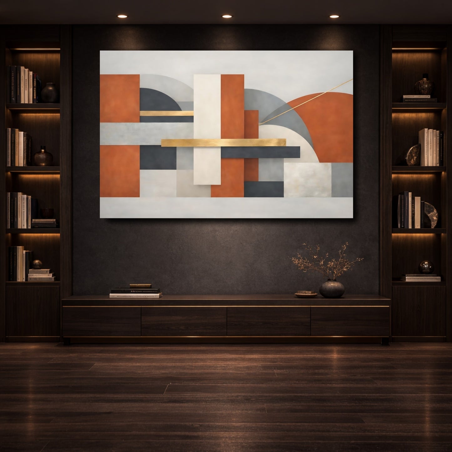Mockup 3. Abstract Geometric Shapes Abstract Terracotta Gold shown as stretched canvas wall art