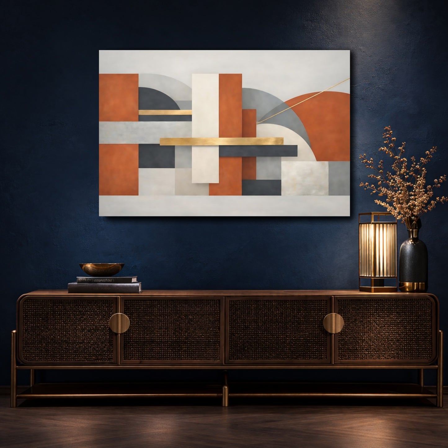 Mockup 4. Abstract Geometric Shapes Abstract Terracotta Gold shown as stretched canvas wall art