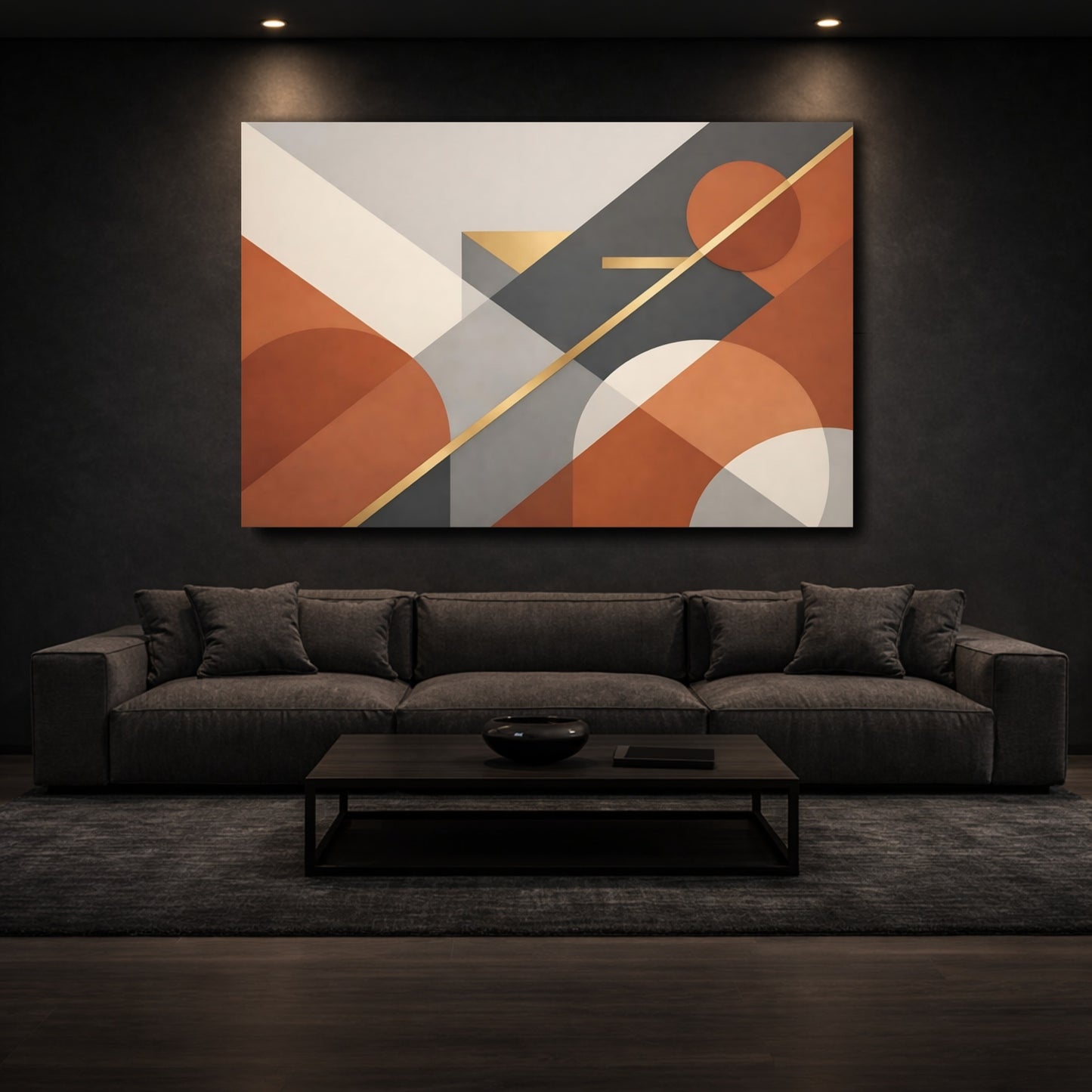 Mockup 2. Abstract Geometric Shapes Abstract Terracotta Grey shown as stretched canvas wall art