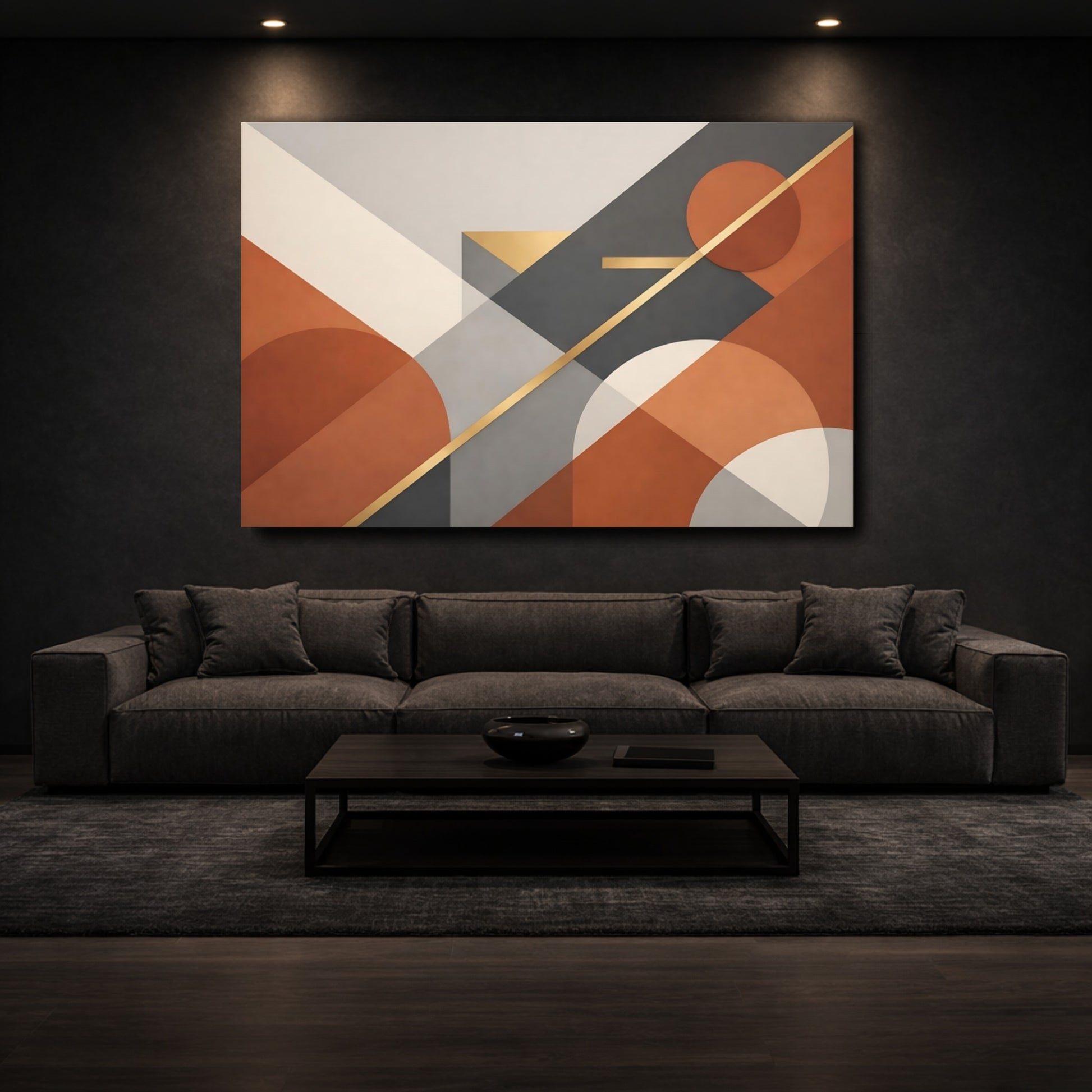 Mockup 2. Abstract Geometric Shapes Abstract Terracotta Grey shown as stretched canvas wall art