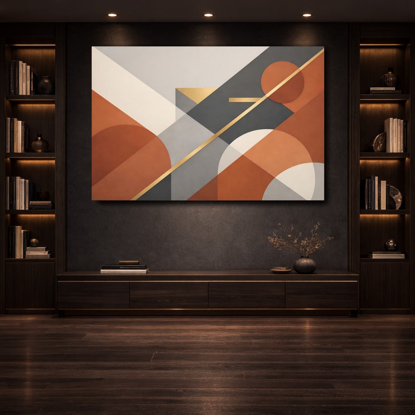 Mockup 3. Abstract Geometric Shapes Abstract Terracotta Grey shown as stretched canvas wall art