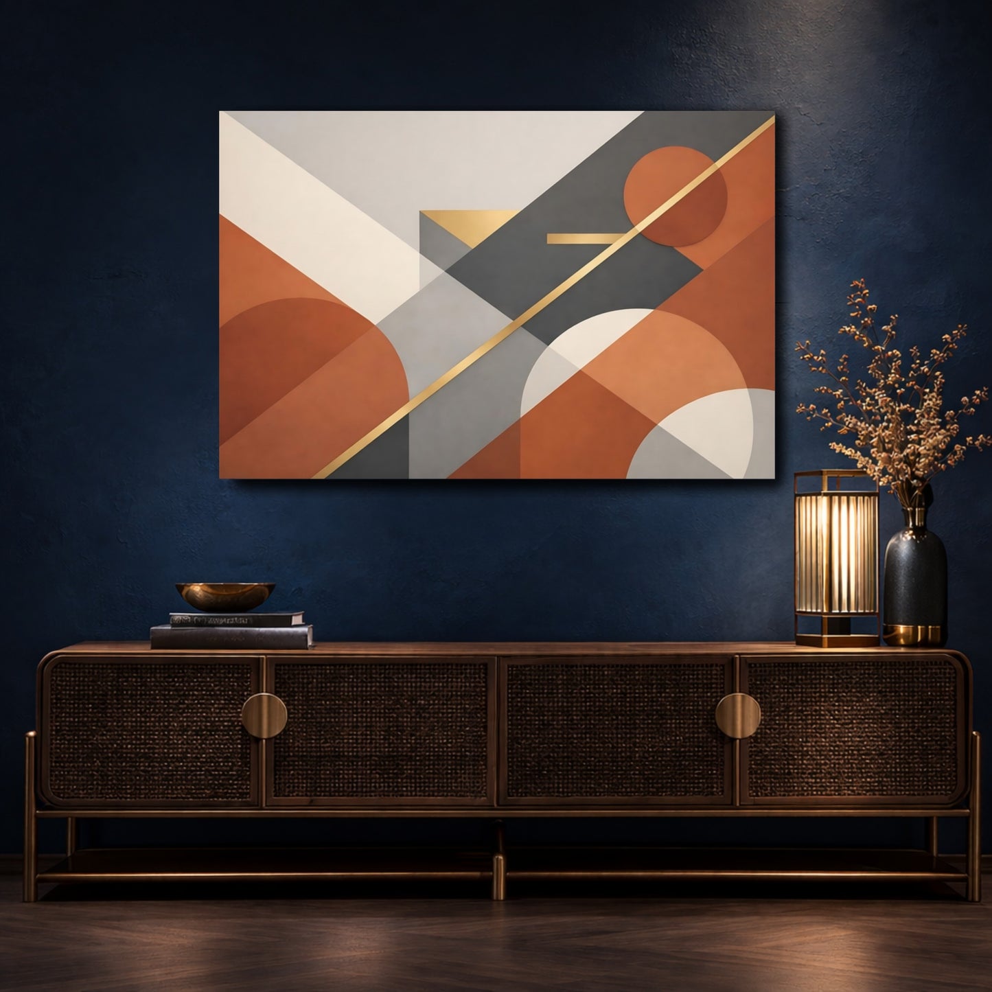Mockup 4. Abstract Geometric Shapes Abstract Terracotta Grey shown as stretched canvas wall art