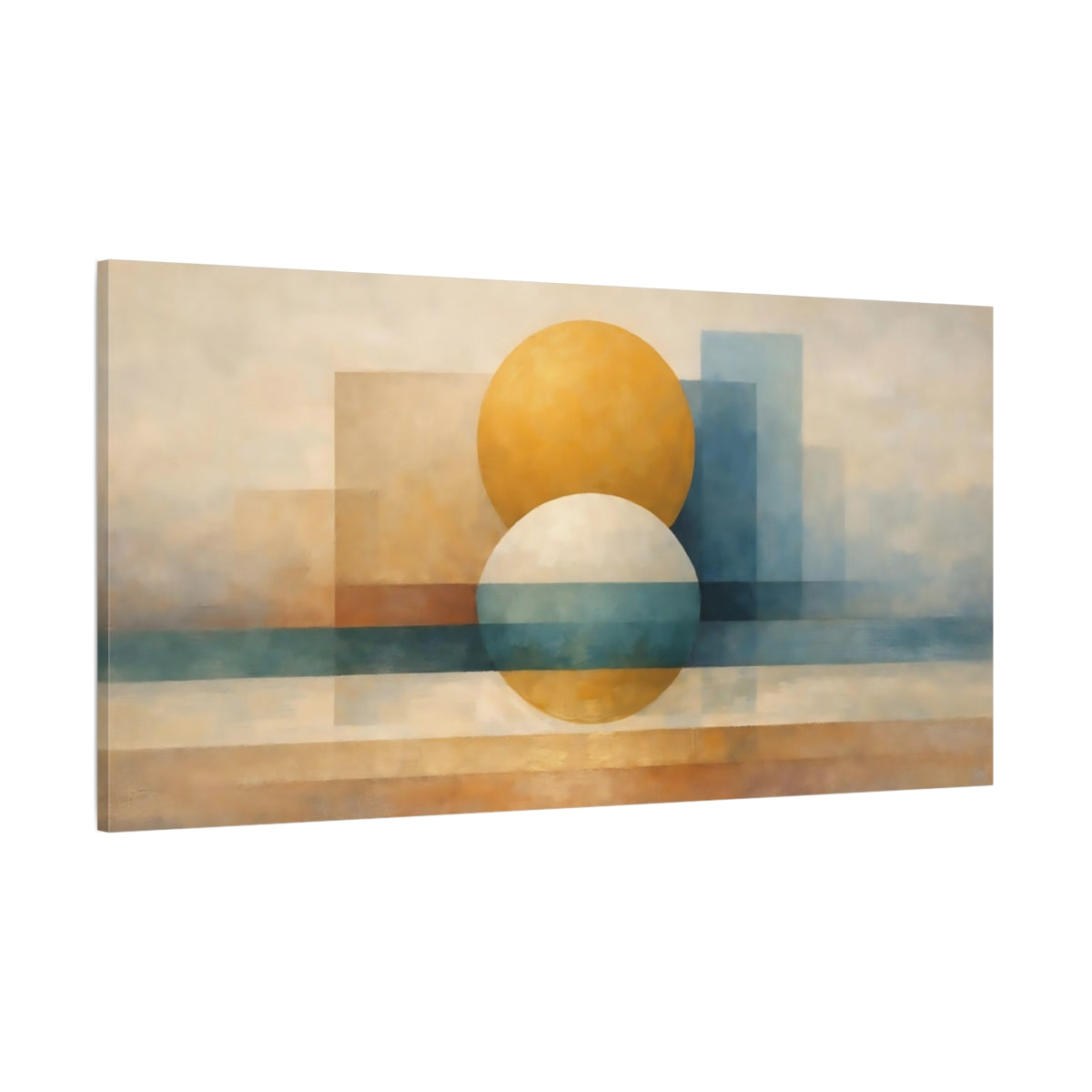 Main Mockup. Abstract Geometric Shapes Abstract Yellow Blue shown as stretched canvas wall art
