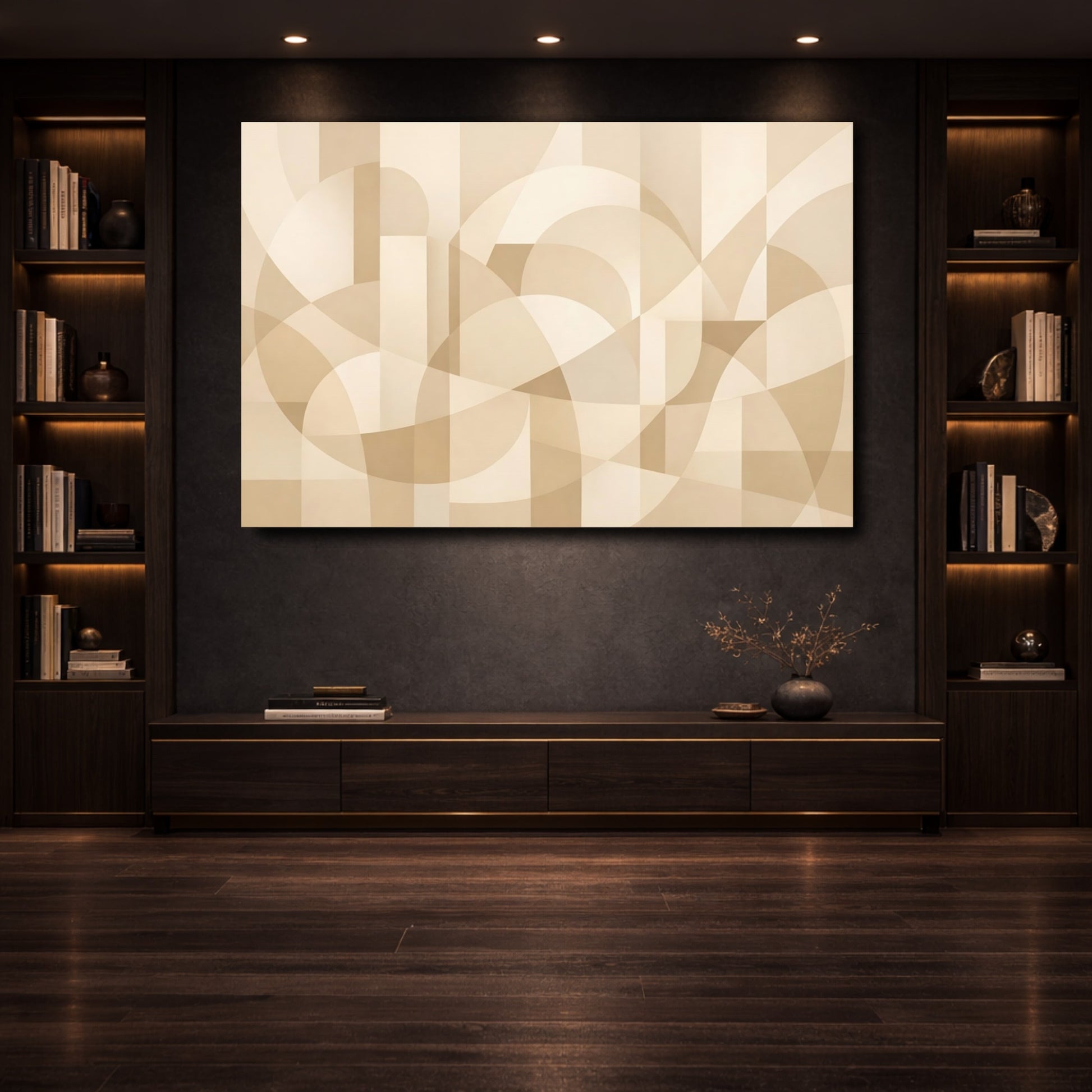 Mockup 3. Abstract Geometric Shapes Beige Abstract shown as stretched canvas wall art