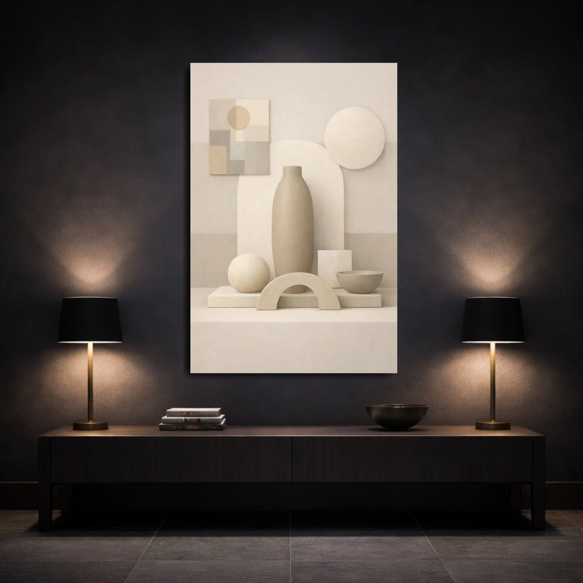 Abstract Geometric Shapes Beige Abstract Shapes shown as front canvas room wall art