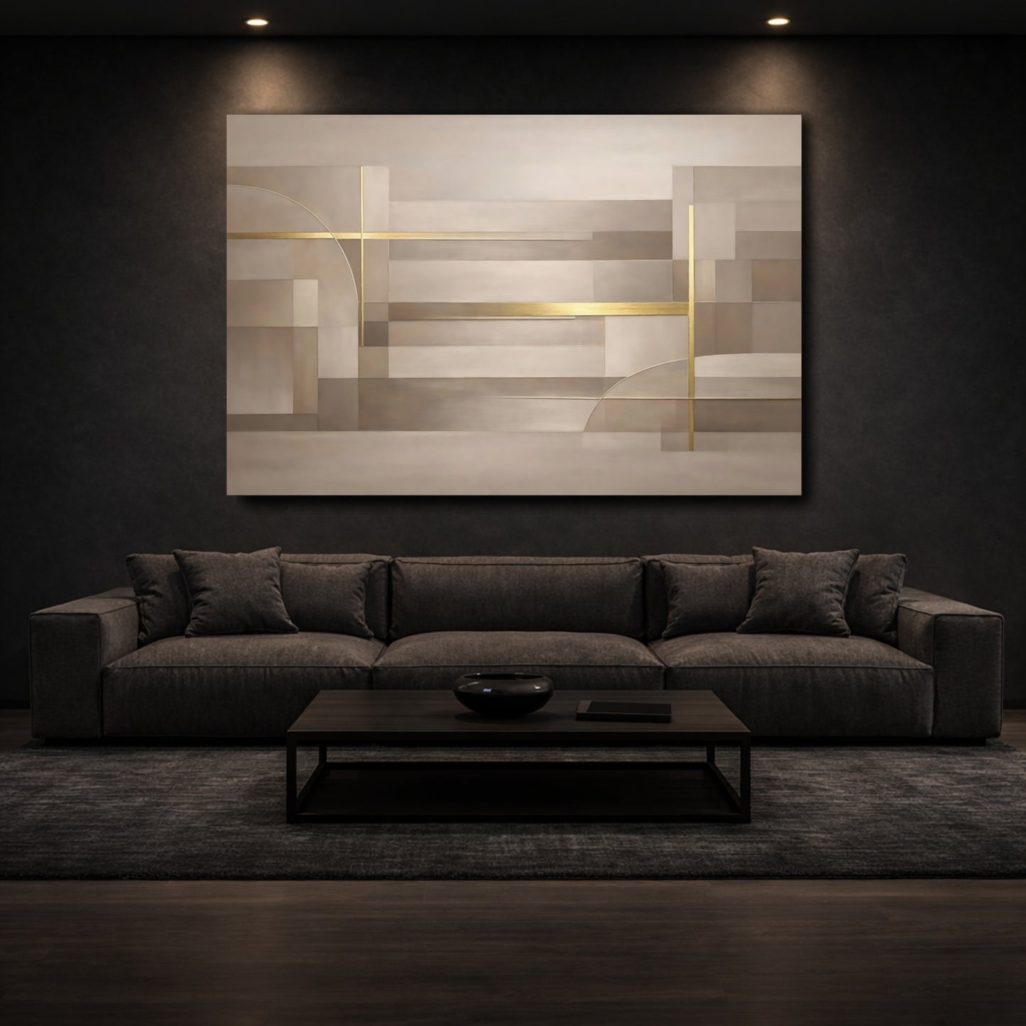 Mockup 2. Abstract Geometric Shapes Beige Gold Abstract shown as stretched canvas wall art