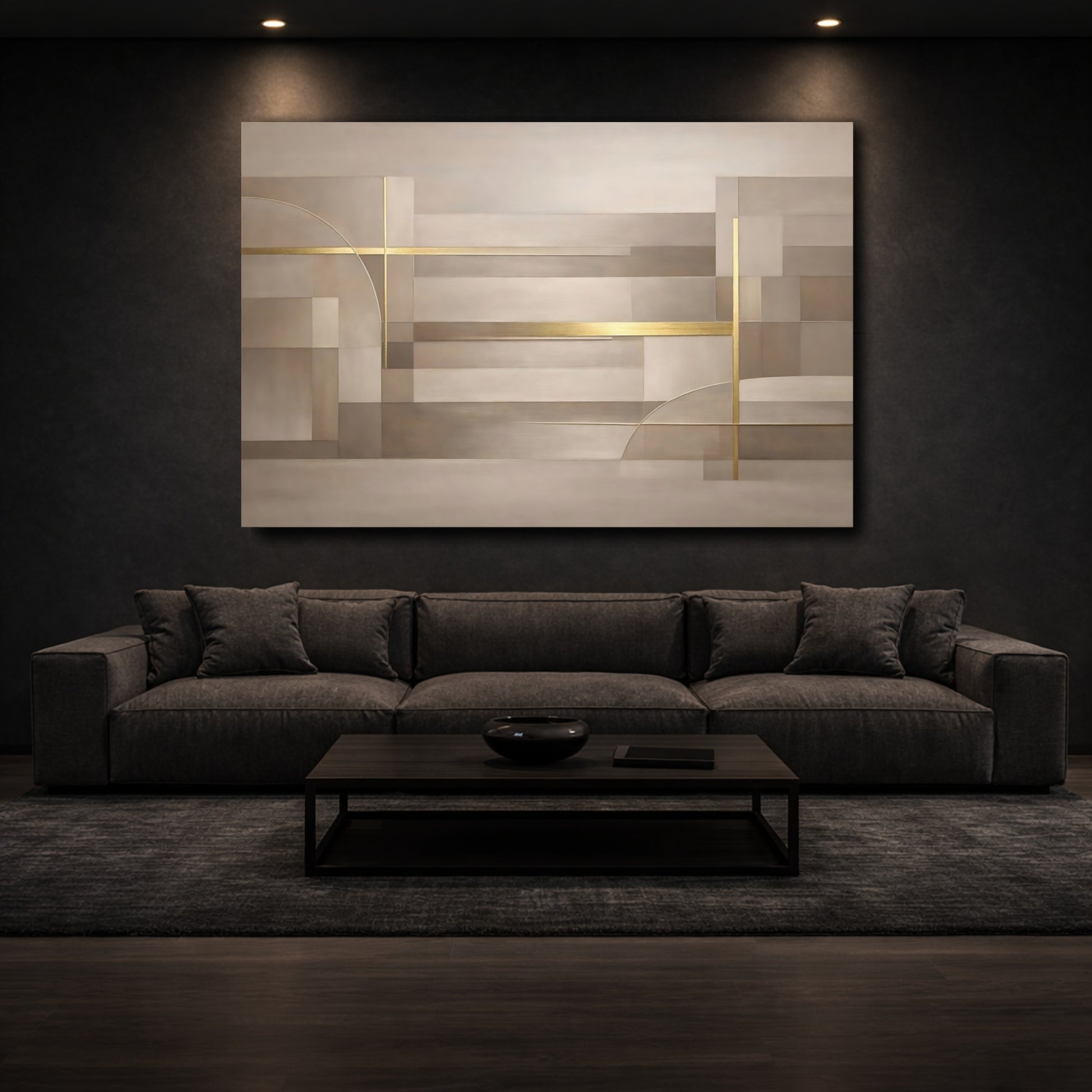 Mockup 2. Abstract Geometric Shapes Beige Gold Abstract shown as stretched canvas wall art
