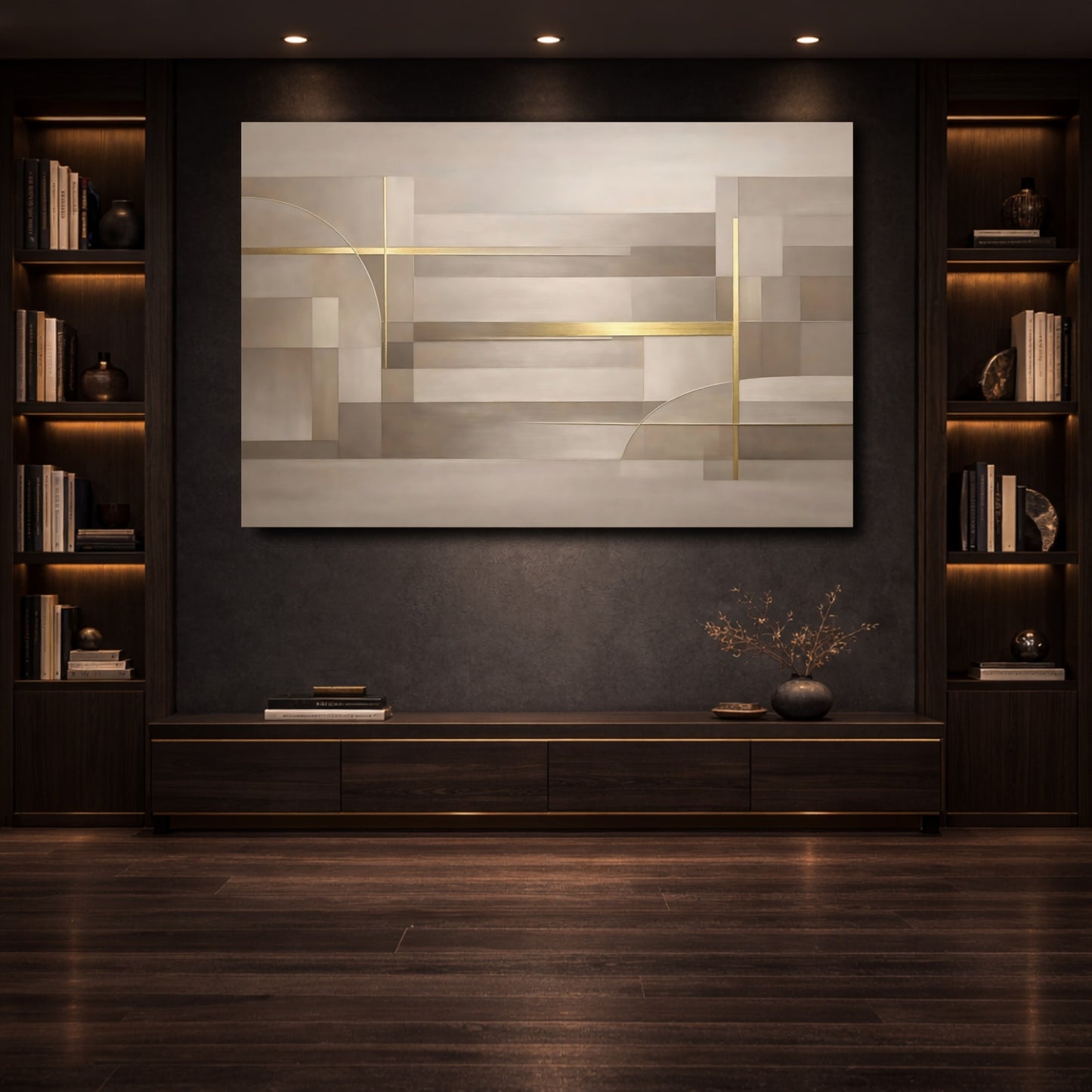 Mockup 3. Abstract Geometric Shapes Beige Gold Abstract shown as stretched canvas wall art