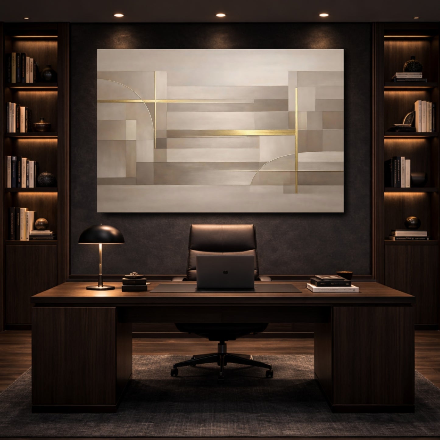 Mockup 4. Abstract Geometric Shapes Beige Gold Abstract shown as stretched canvas wall art