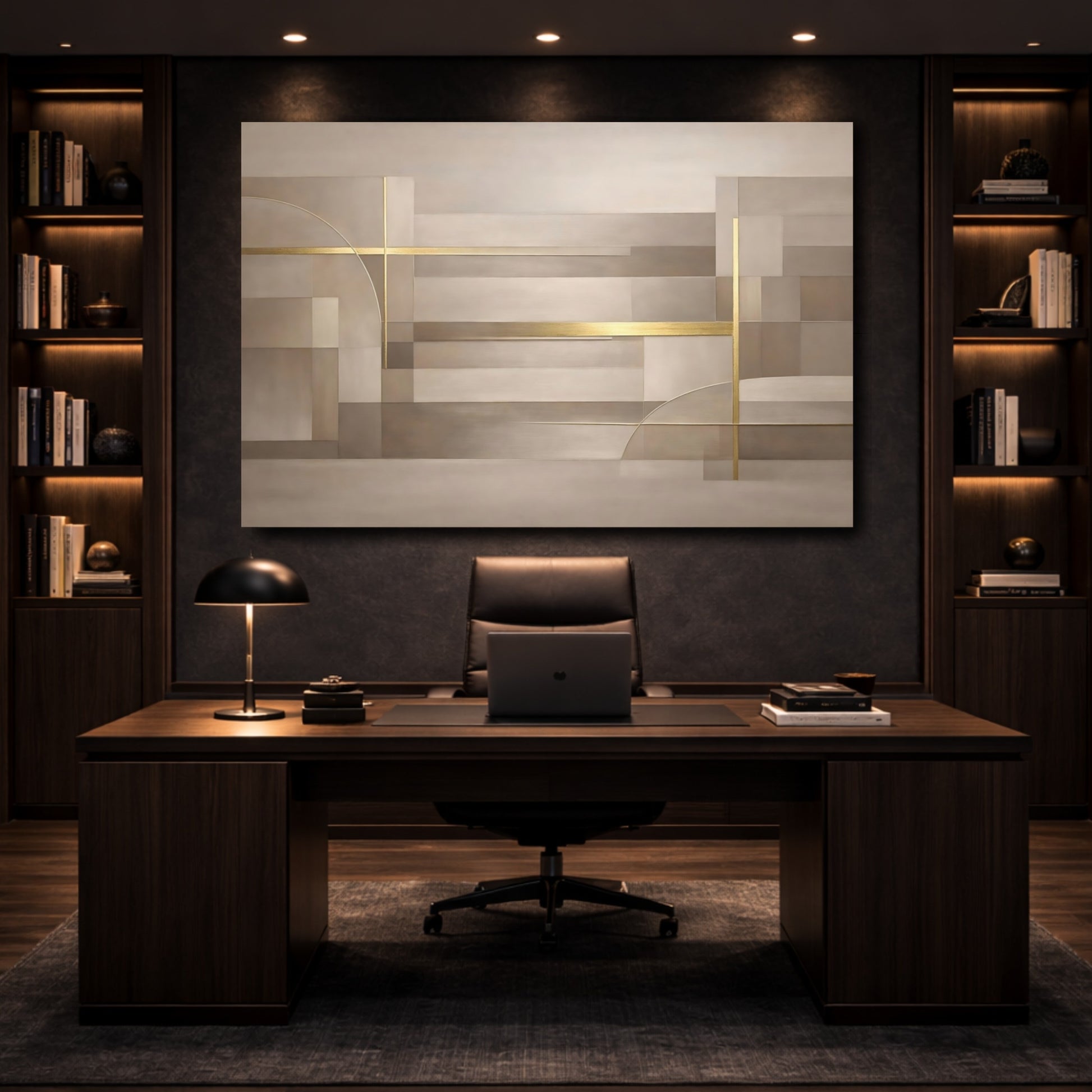 Mockup 4. Abstract Geometric Shapes Beige Gold Abstract shown as stretched canvas wall art