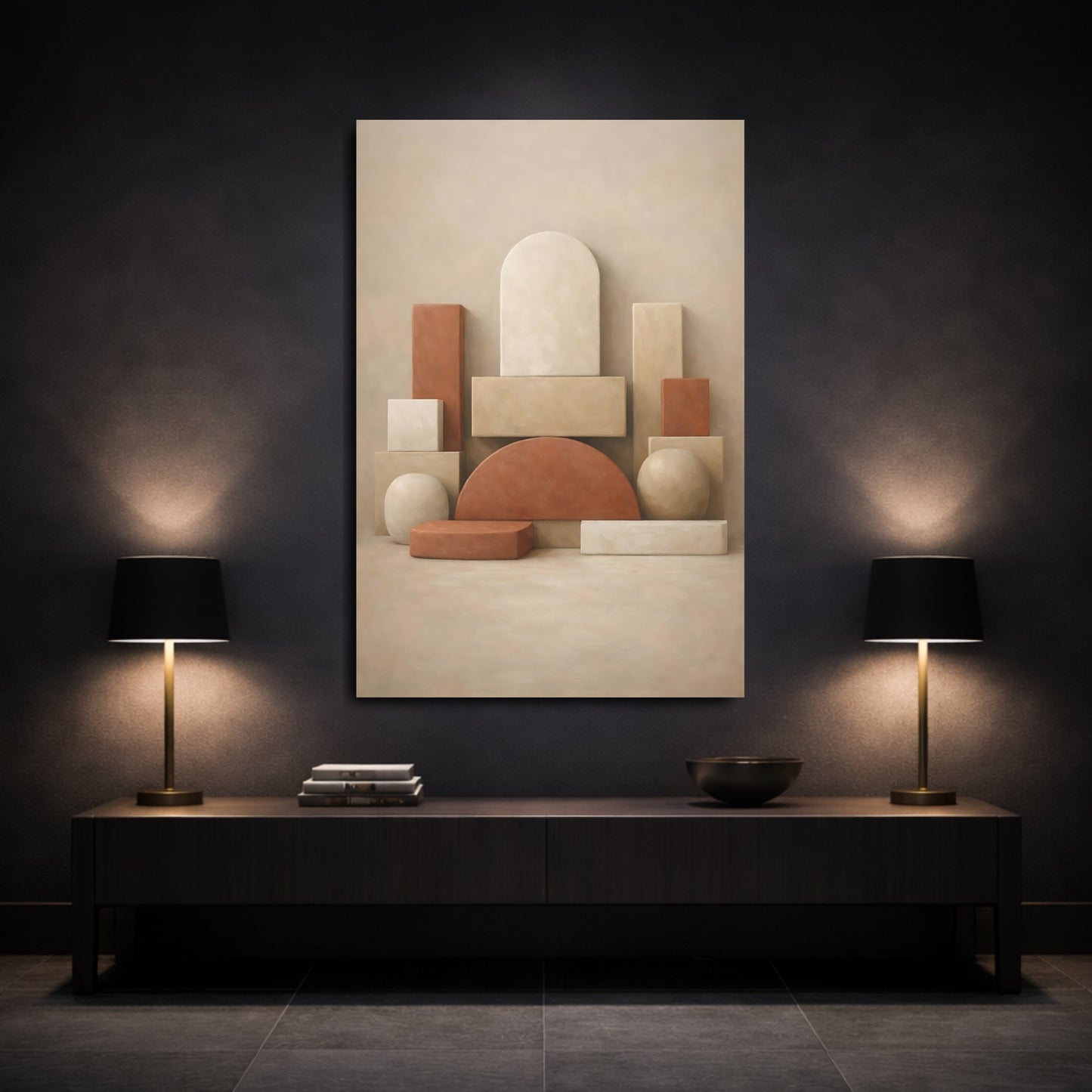Mockup 2. Abstract Geometric Shapes Beige Terracotta shown as stretched canvas wall art