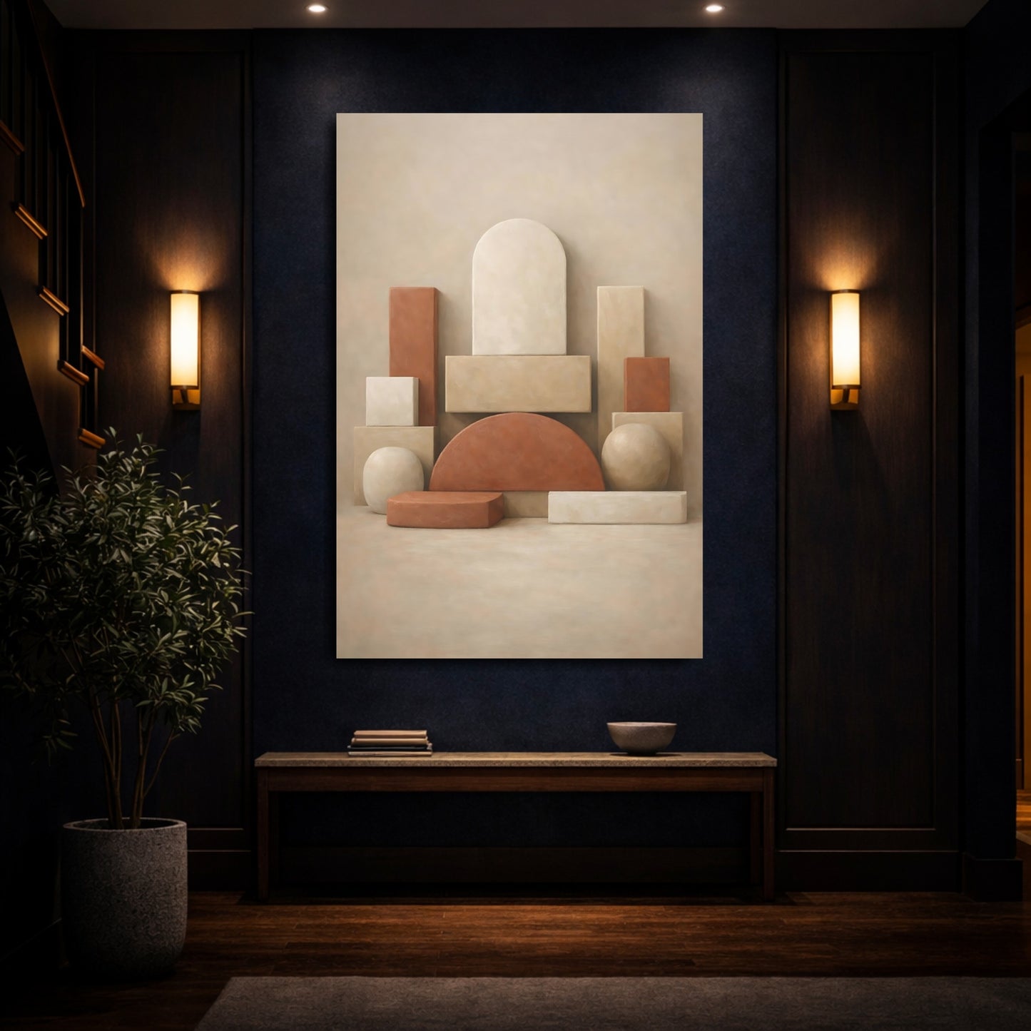 Mockup 3. Abstract Geometric Shapes Beige Terracotta shown as stretched canvas wall art