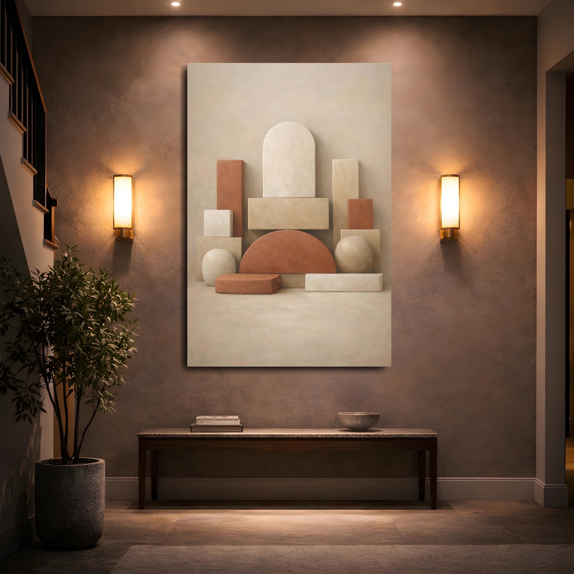 Mockup 4. Abstract Geometric Shapes Beige Terracotta shown as stretched canvas wall art