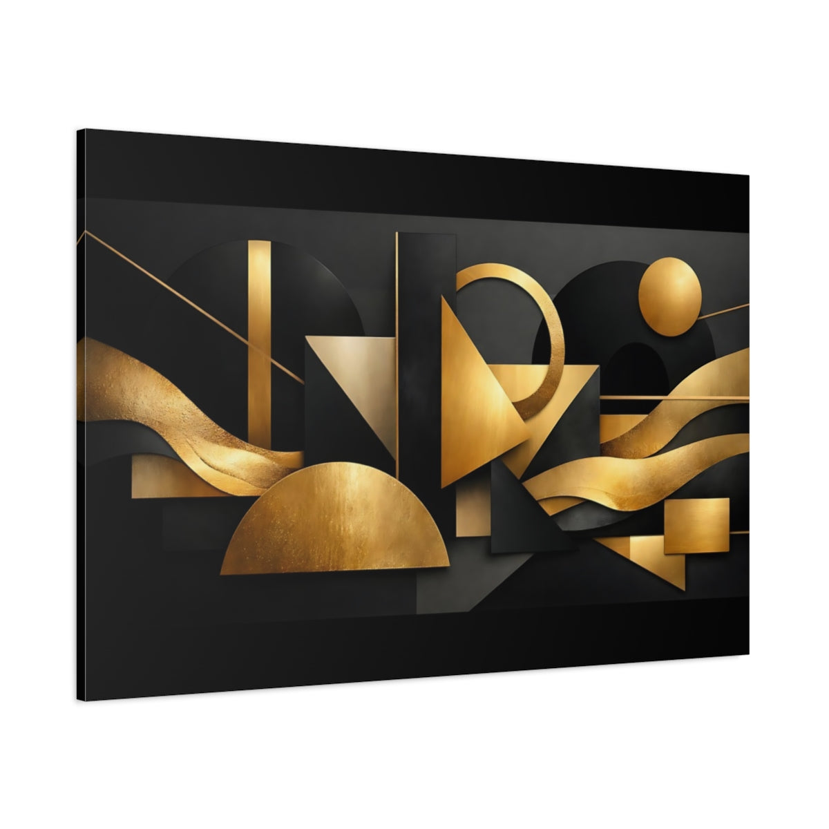 Main Mockup. Abstract Geometric Shapes Black And Gold Abstract shown as stretched canvas wall art