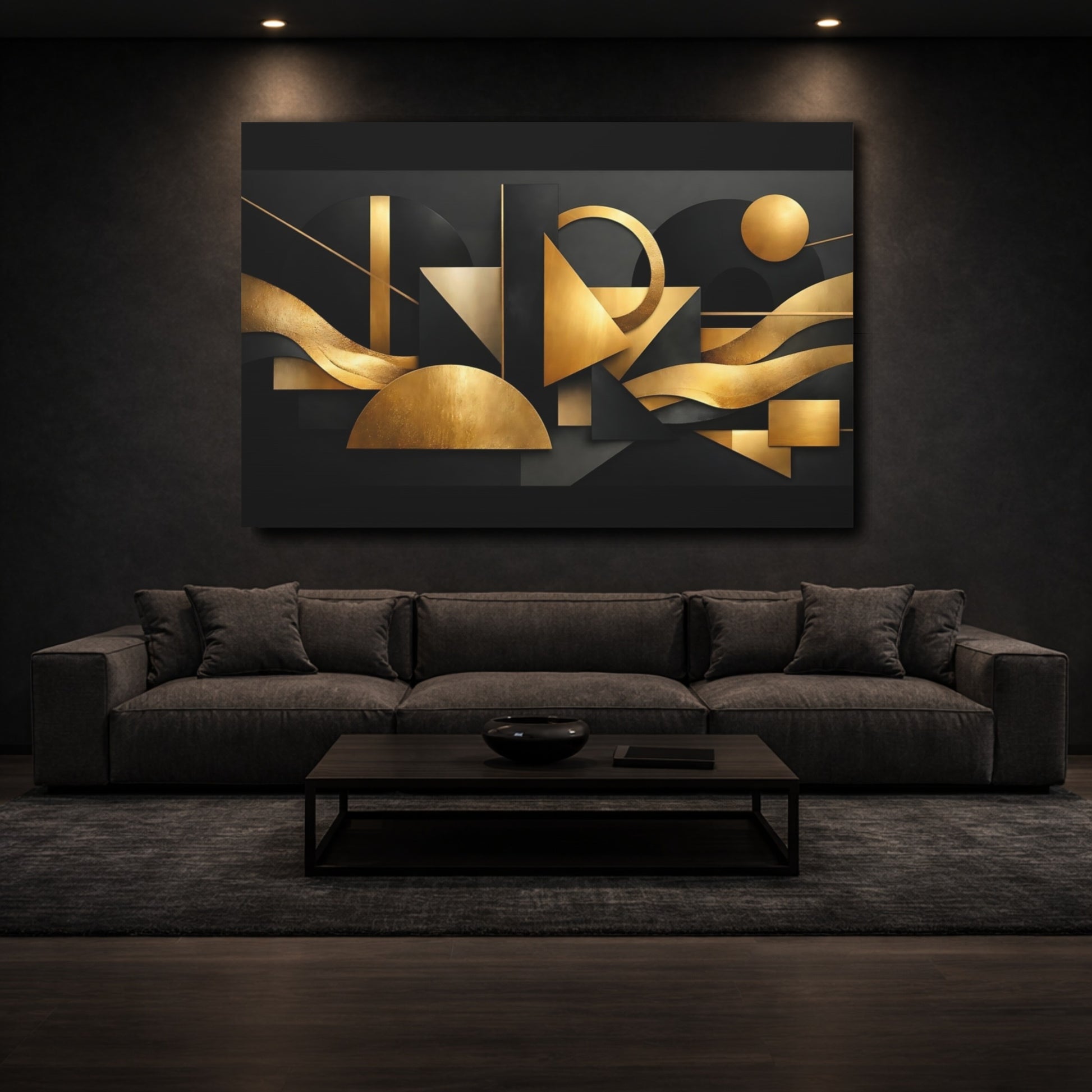 Mockup 2. Abstract Geometric Shapes Black And Gold Abstract shown as stretched canvas wall art