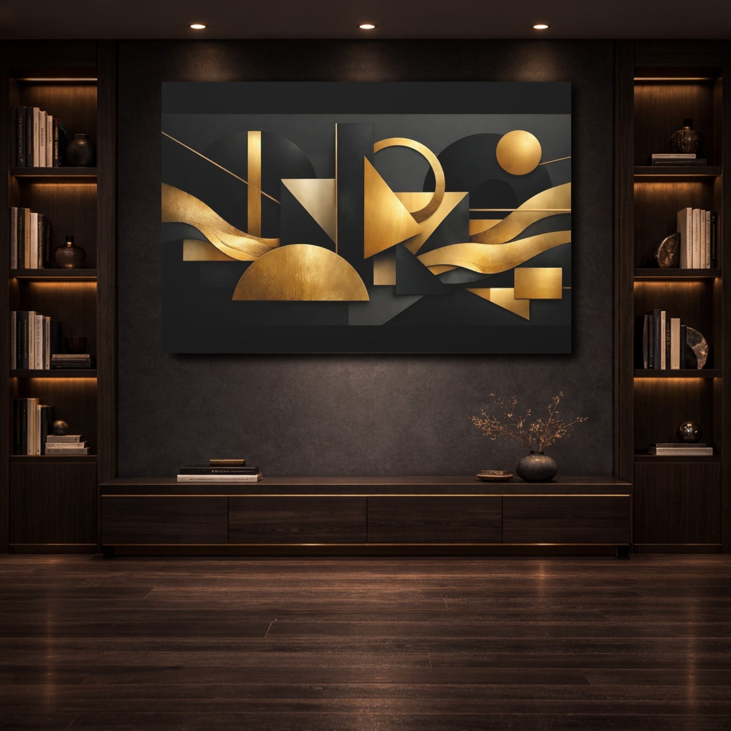 Mockup 3. Abstract Geometric Shapes Black And Gold Abstract shown as stretched canvas wall art