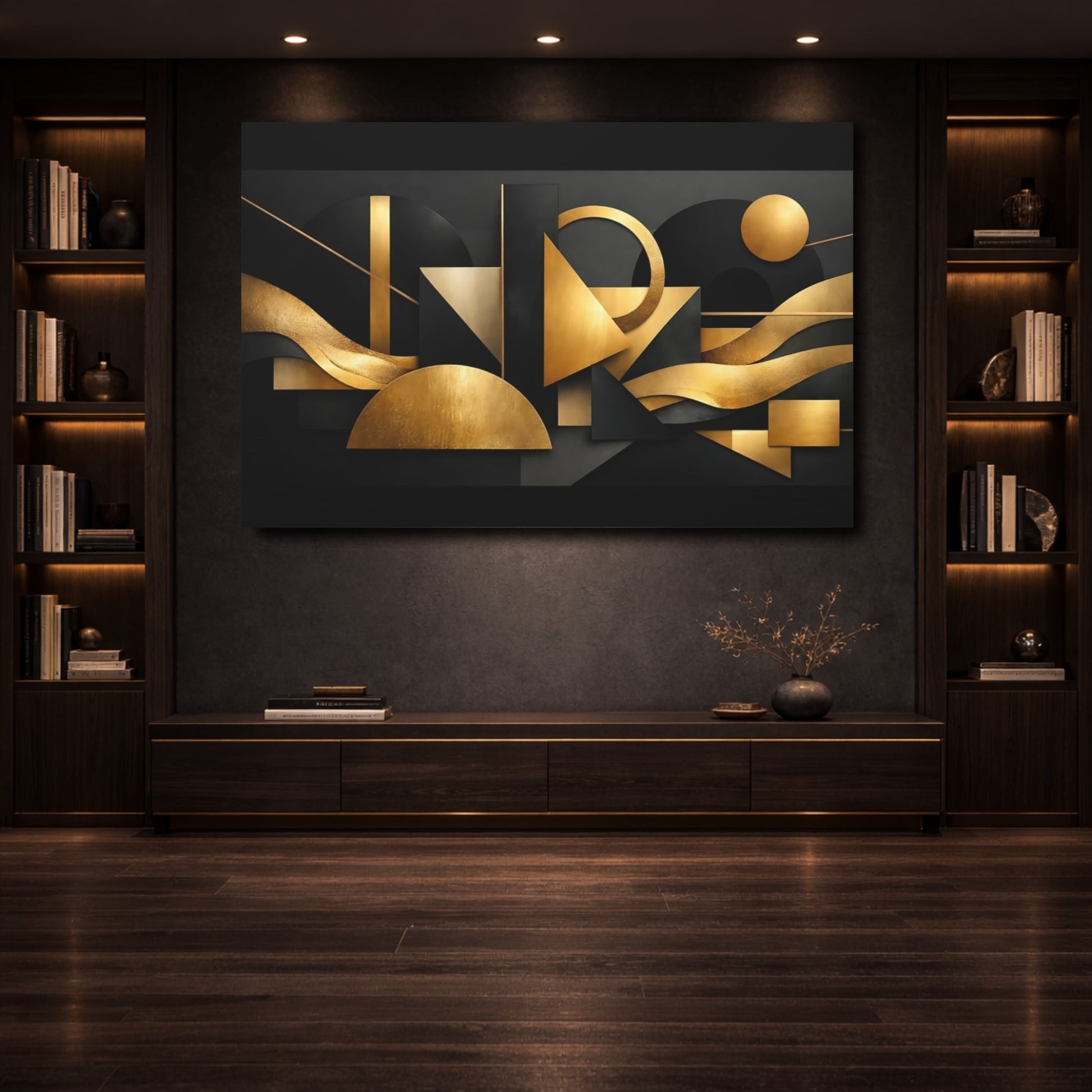 Mockup 3. Abstract Geometric Shapes Black And Gold Abstract shown as stretched canvas wall art