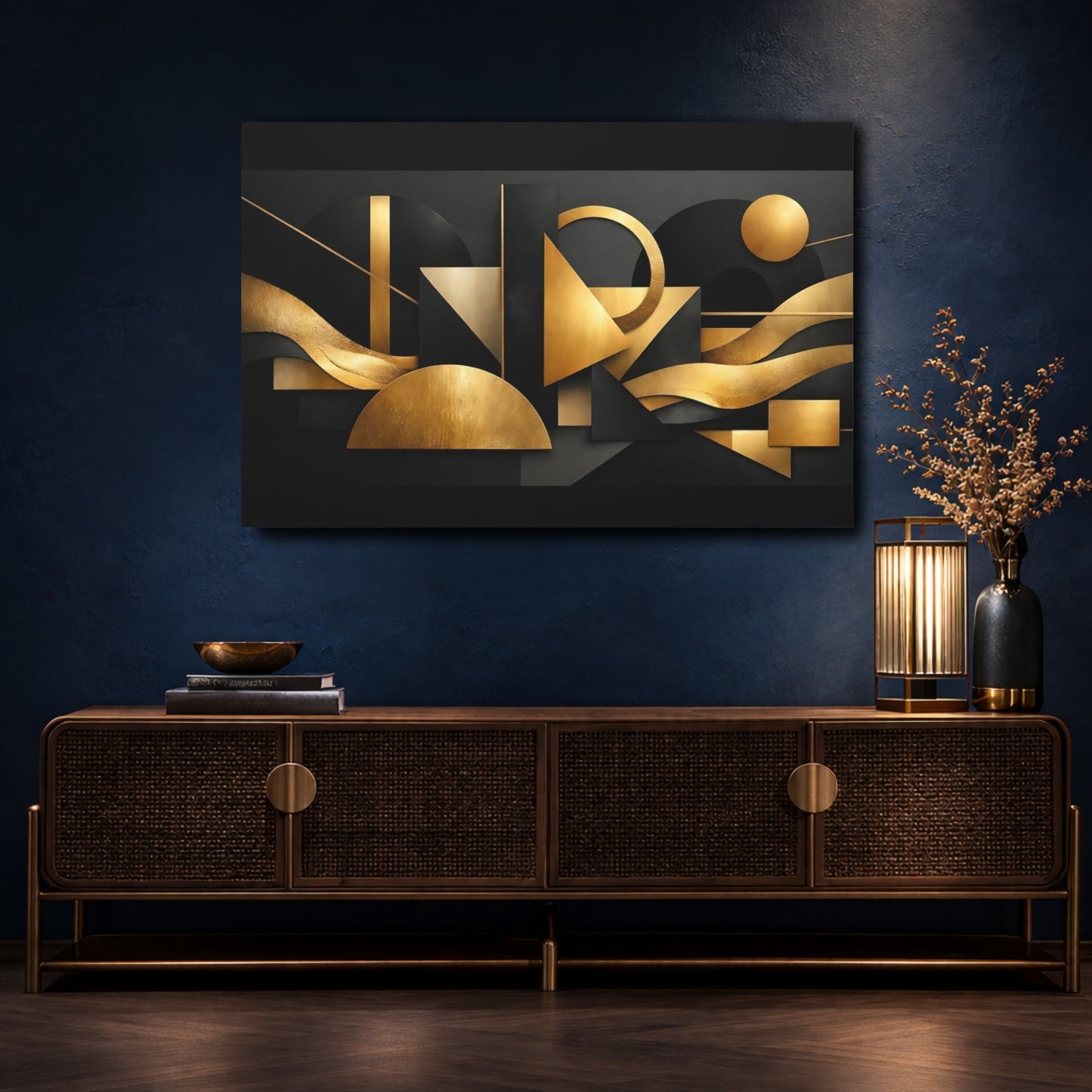 Mockup 4. Abstract Geometric Shapes Black And Gold Abstract shown as stretched canvas wall art