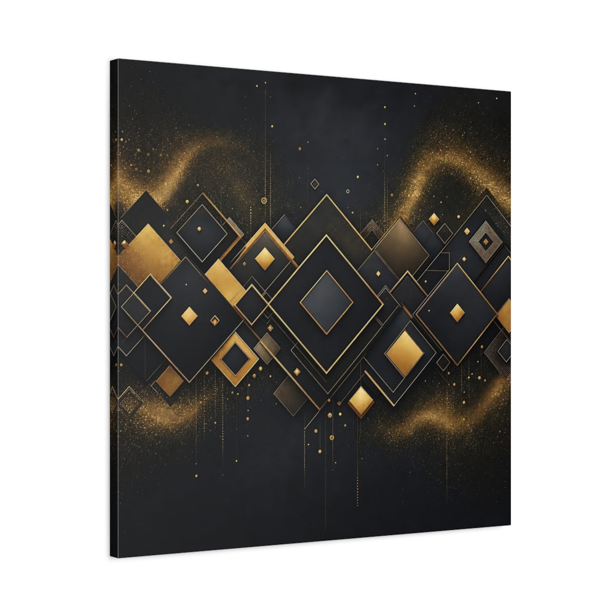 Main Mockup. Abstract Geometric Shapes Black And Gold shown as stretched canvas wall art