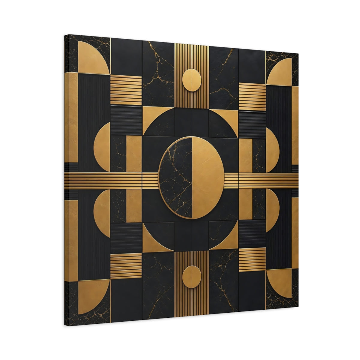 Main Mockup. Abstract Geometric Shapes Black And Gold shown as stretched canvas wall art