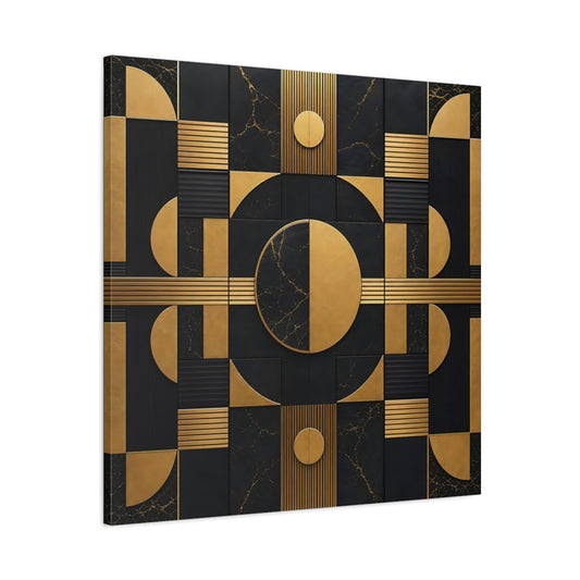 Main Mockup. Abstract Geometric Shapes Black And Gold shown as stretched canvas wall art