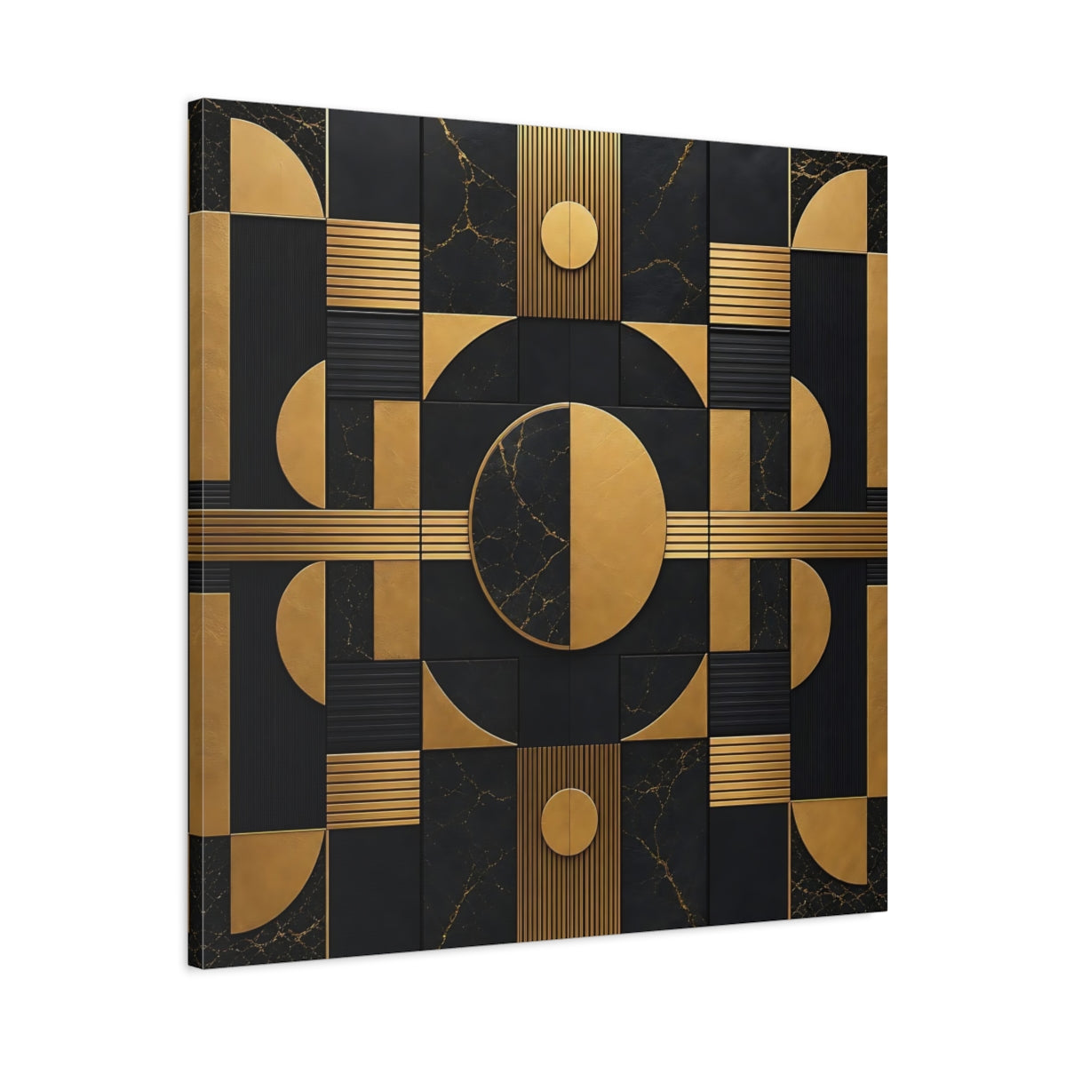 Side Mockup 3. Abstract Geometric Shapes Black And Gold shown as stretched canvas wall art