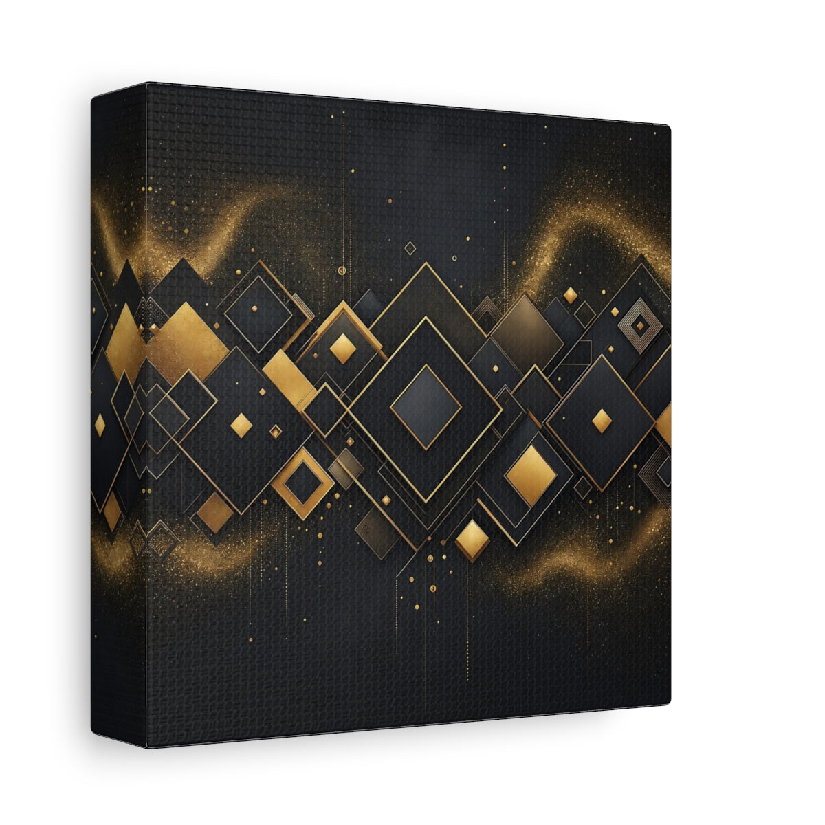 Side Mockup 2. Abstract Geometric Shapes Black And Gold shown as stretched canvas wall art