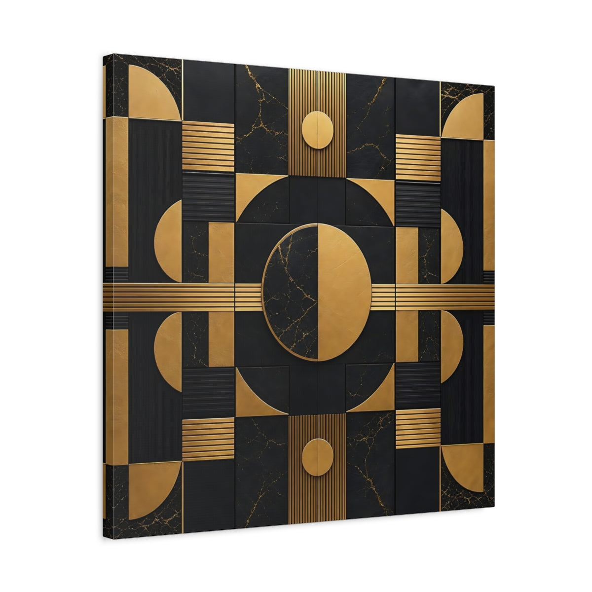 Side Mockup 4. Abstract Geometric Shapes Black And Gold shown as stretched canvas wall art