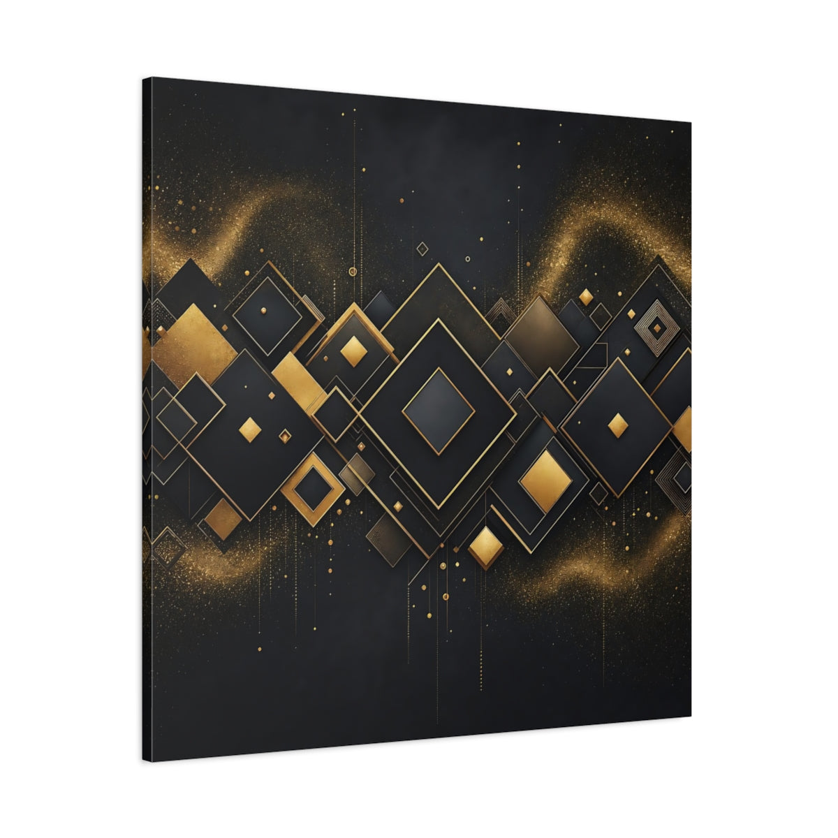 Side Mockup 1. Abstract Geometric Shapes Black And Gold shown as stretched canvas wall art
