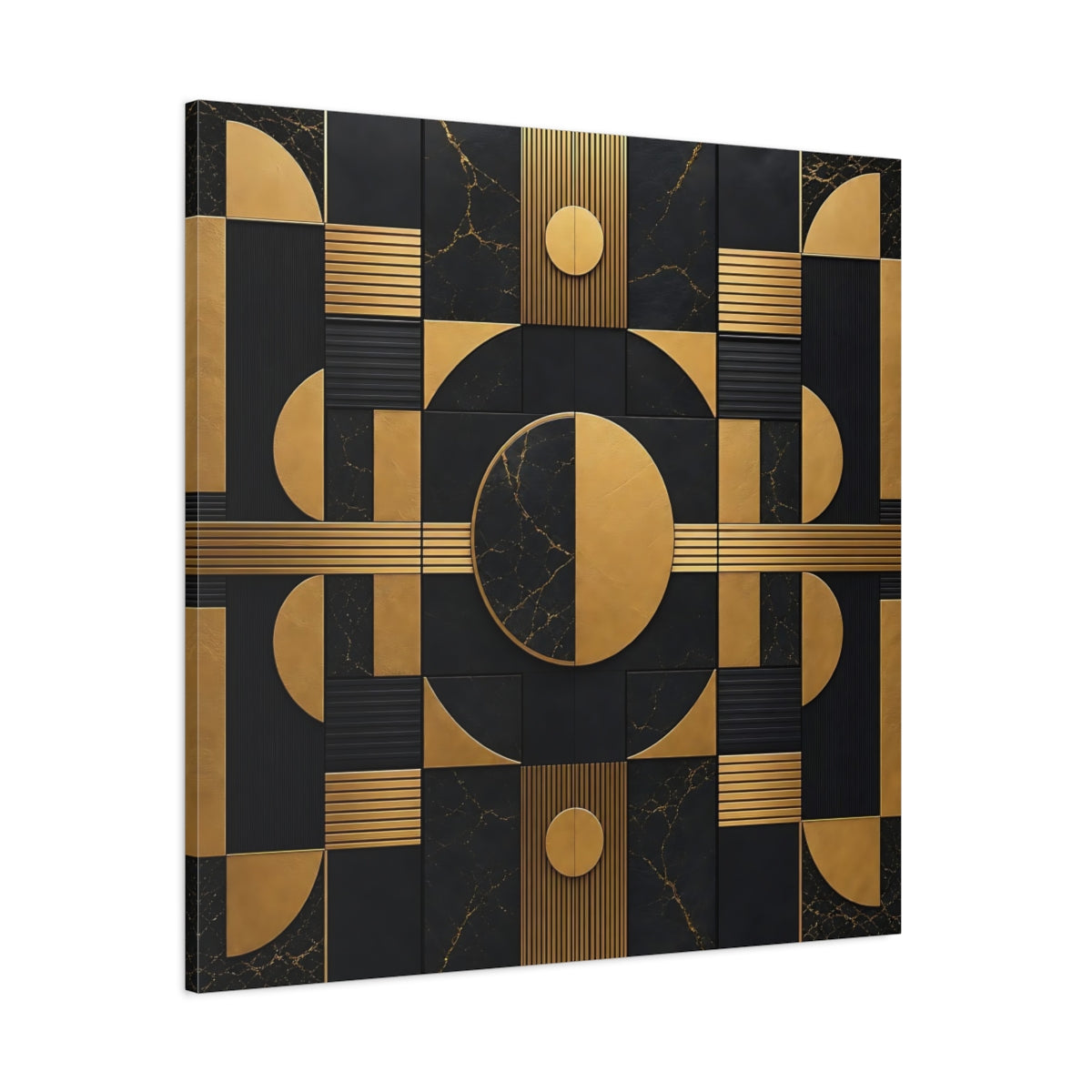 Side Mockup 1. Abstract Geometric Shapes Black And Gold shown as stretched canvas wall art